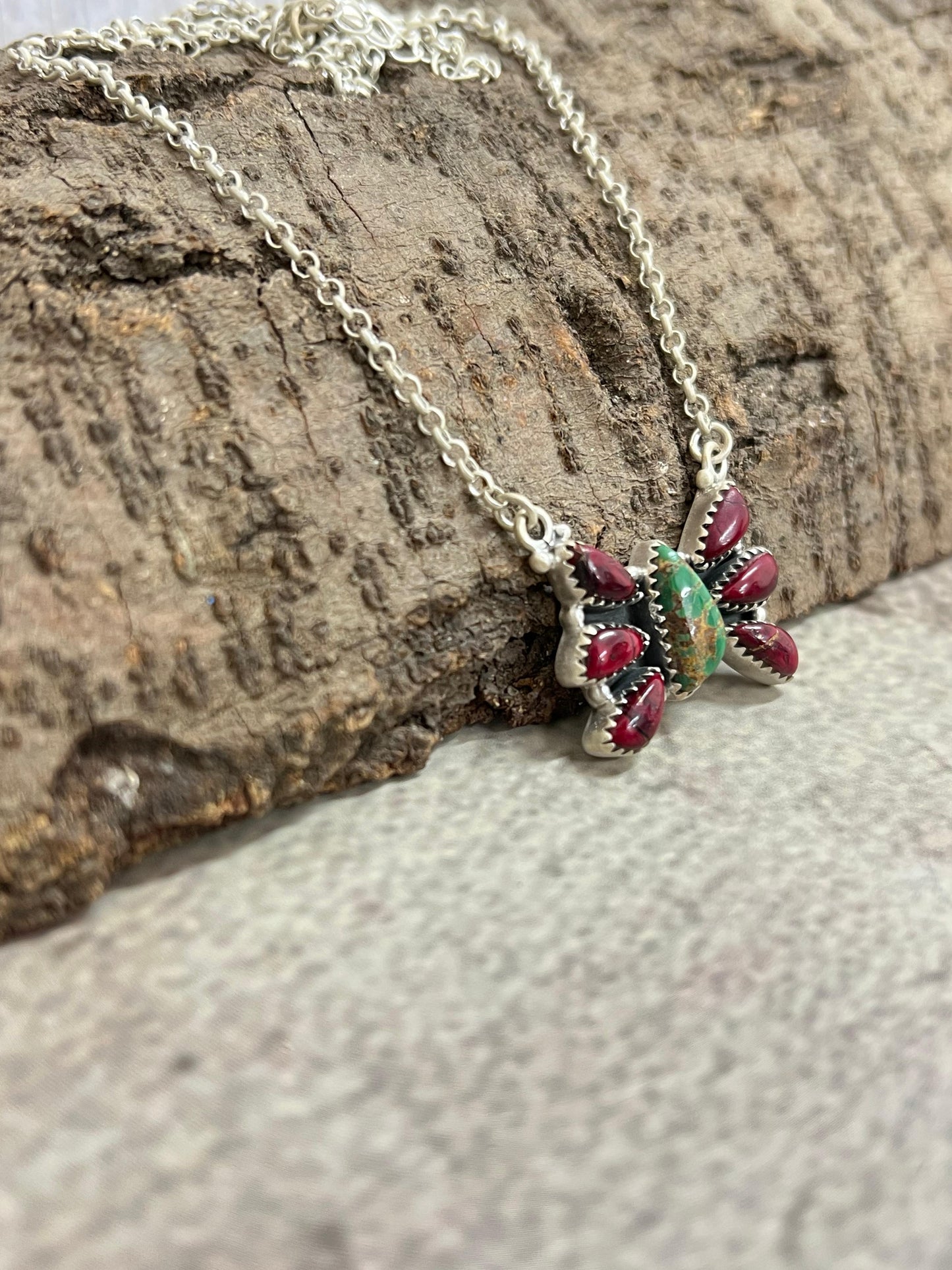 Handmade Sterling Silver Dahlia Rose with Emerald Valley Butterfly Necklace with Signed Nizhoni