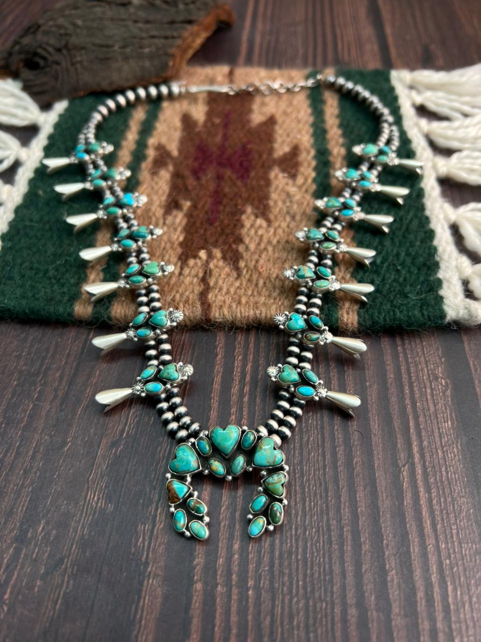 "Heart Collection" Handmade Sterling Silver Beaded Kingman Turquoise Squash Blossom Necklace "Signed Nizhoni"