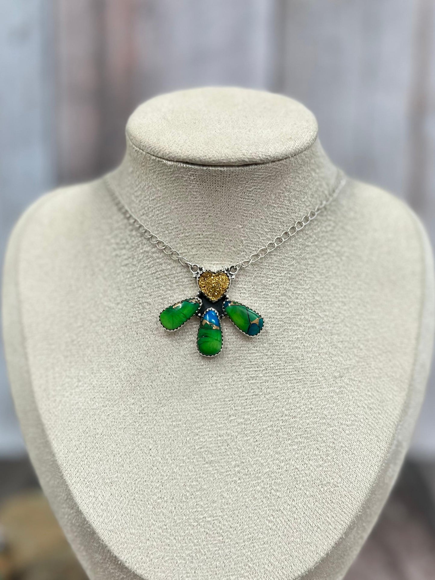Handmade Sterling Silver Peacock Dahlia with Druzy Necklace with Signed Nizhoni
