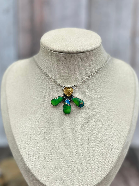 Handmade Sterling Silver Peacock Dahlia with Druzy Necklace with Signed Nizhoni