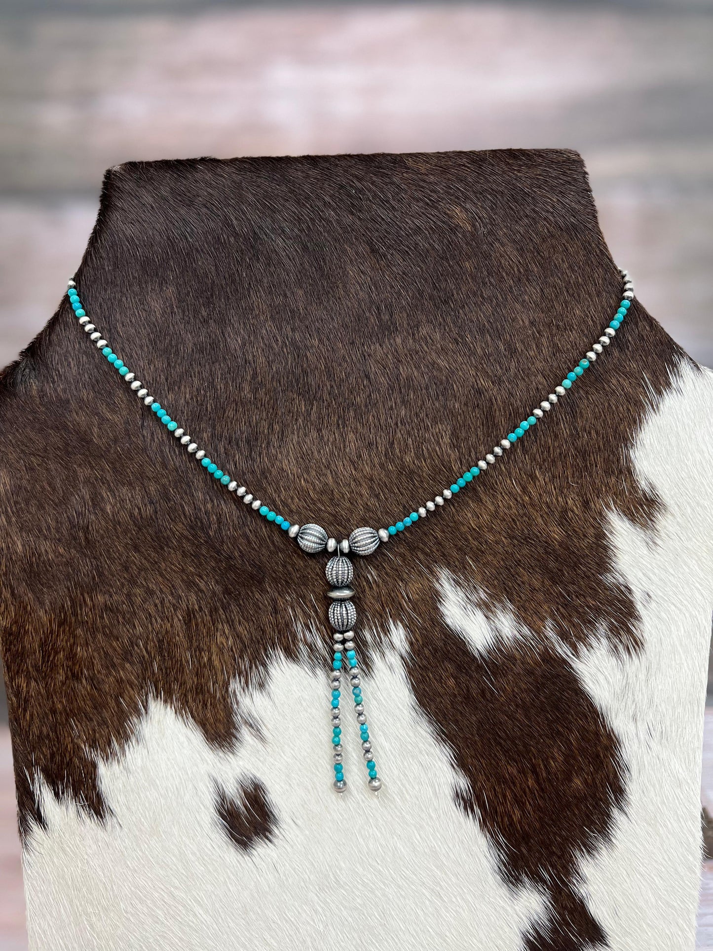 Handmade Sterling Silver Kingman Turquoise Beaded Necklace with Signed Nizhoni