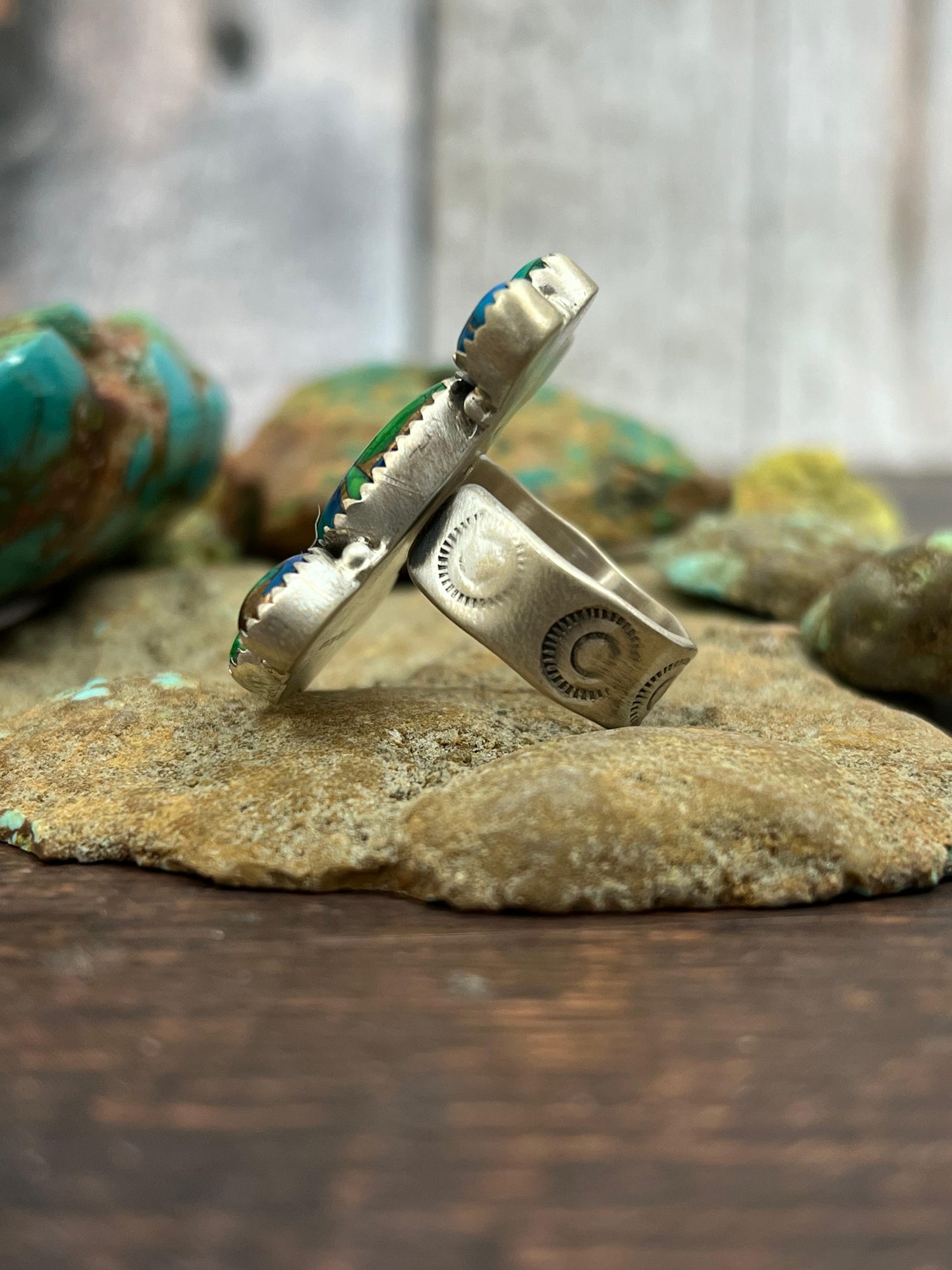 Handmade Sterling Silver Peacock Dahlia Adjustable Ring with Signed Nizhoni