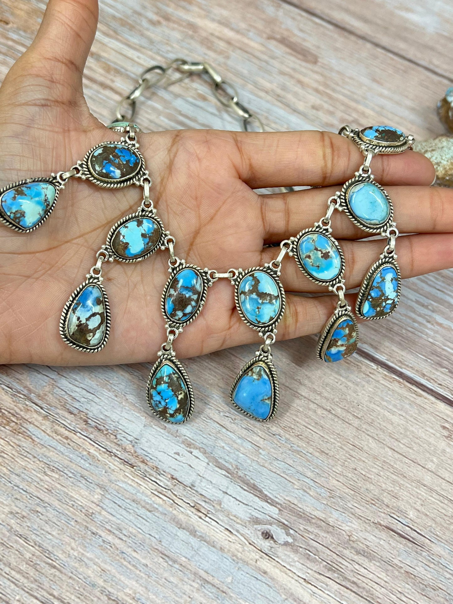 Handmade Sterling Silver Golden Hills Turquoise Necklace with Signed Nizhoni
