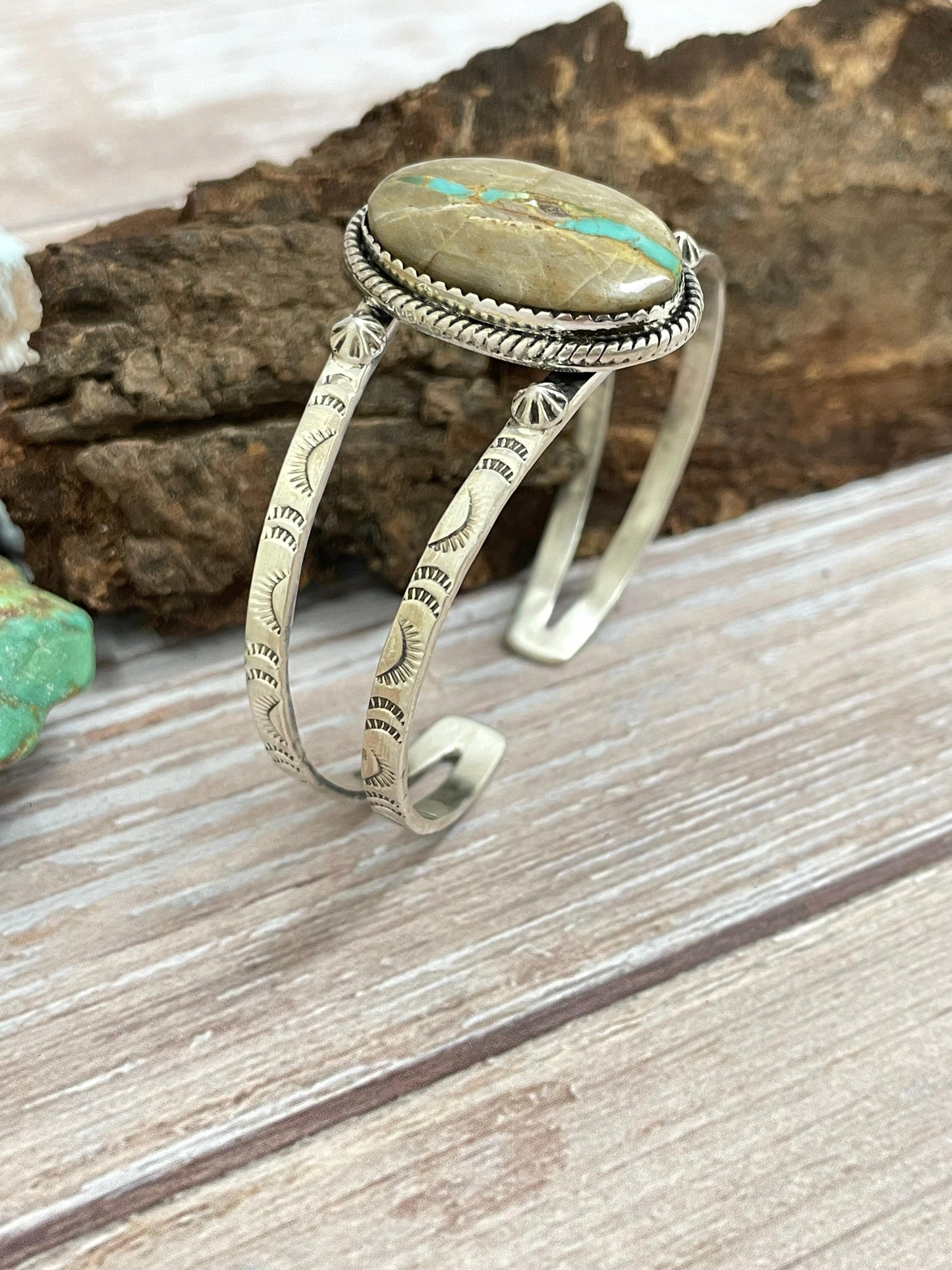 Handmade Sterling Silver Ribbon Royston Cuff Bracelet with Signed Nizhoni