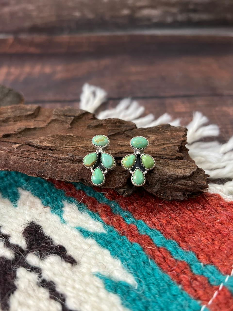 Handmade Sterling Silver Kingman Turquoise Post Studs "Signed Nizhoni" (10)