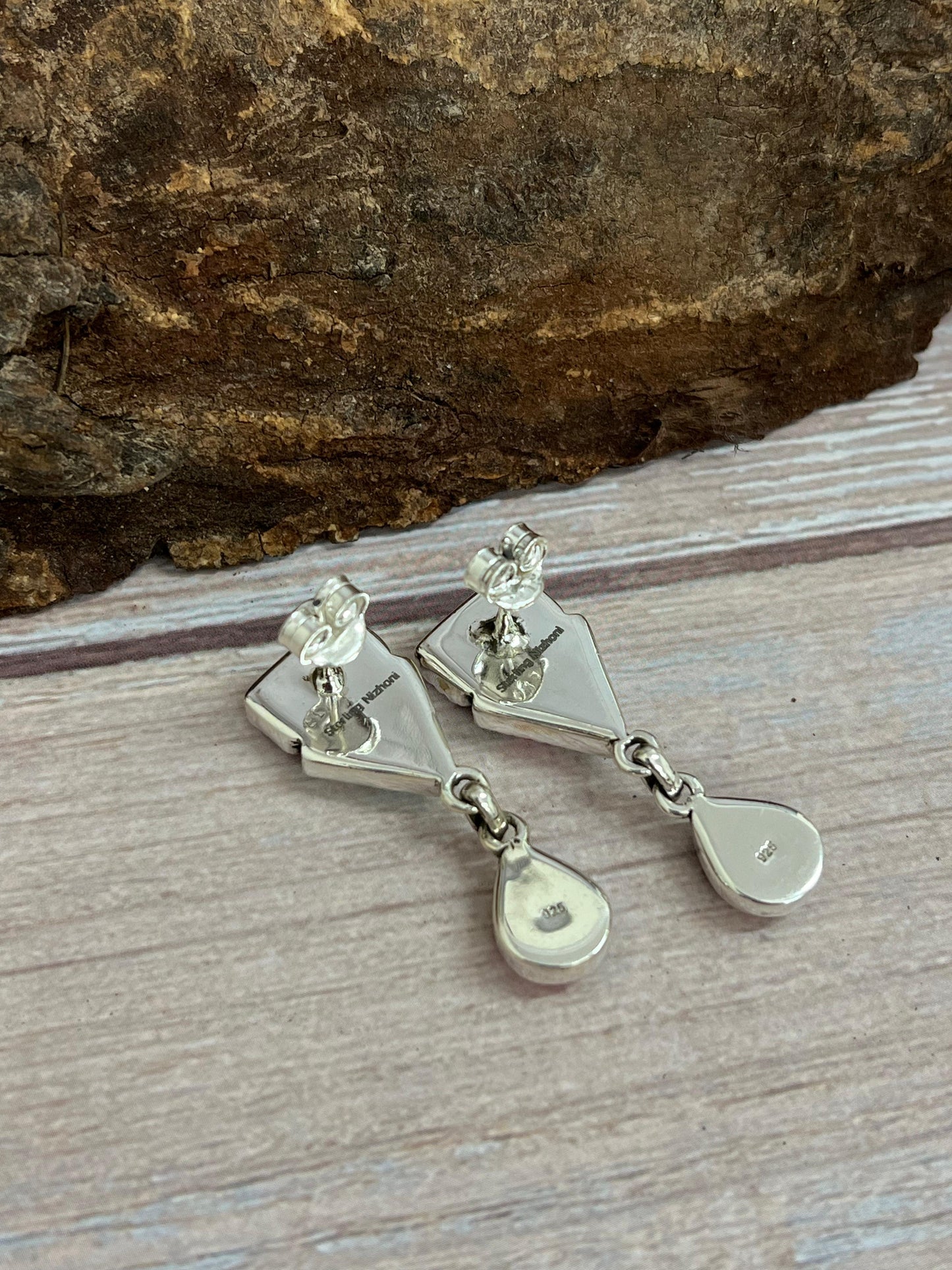 Handmade Sterling Silver Cotton Candy Turquoise Dangle Earrings with Signed Nizhoni