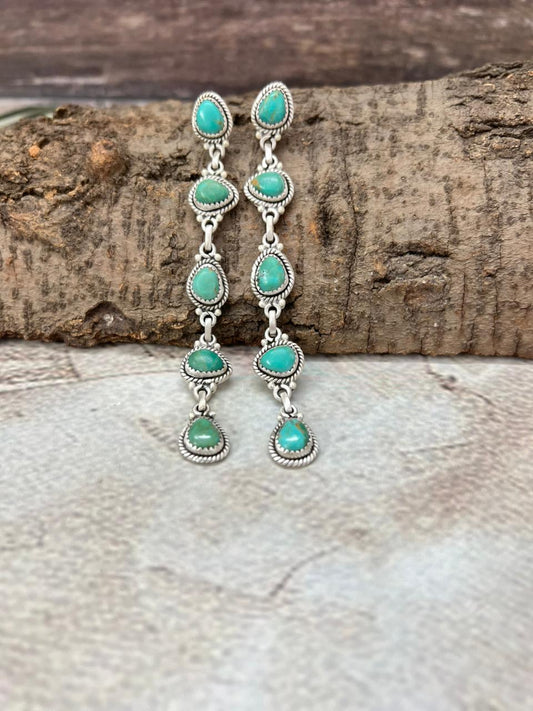 Handmade Sterling Silver Kingman Turquoise Post Dangle Earrings with Signed Nizhoni
