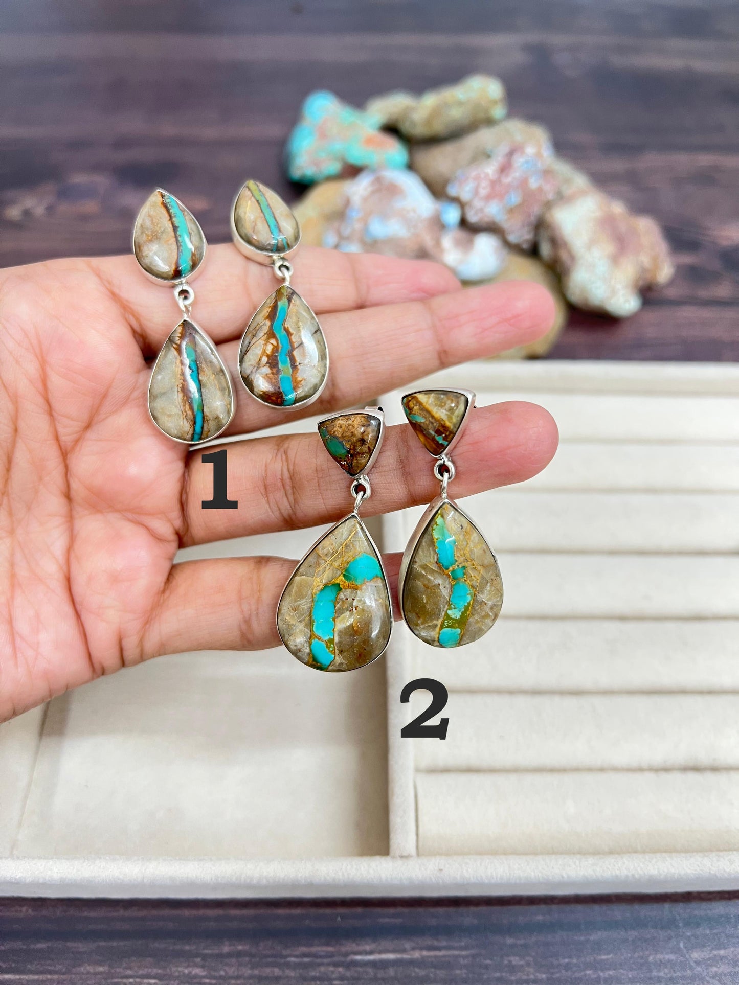 Handmade Sterling Silver Ribbon Royston Dangle Earrings with Signed Nizhoni