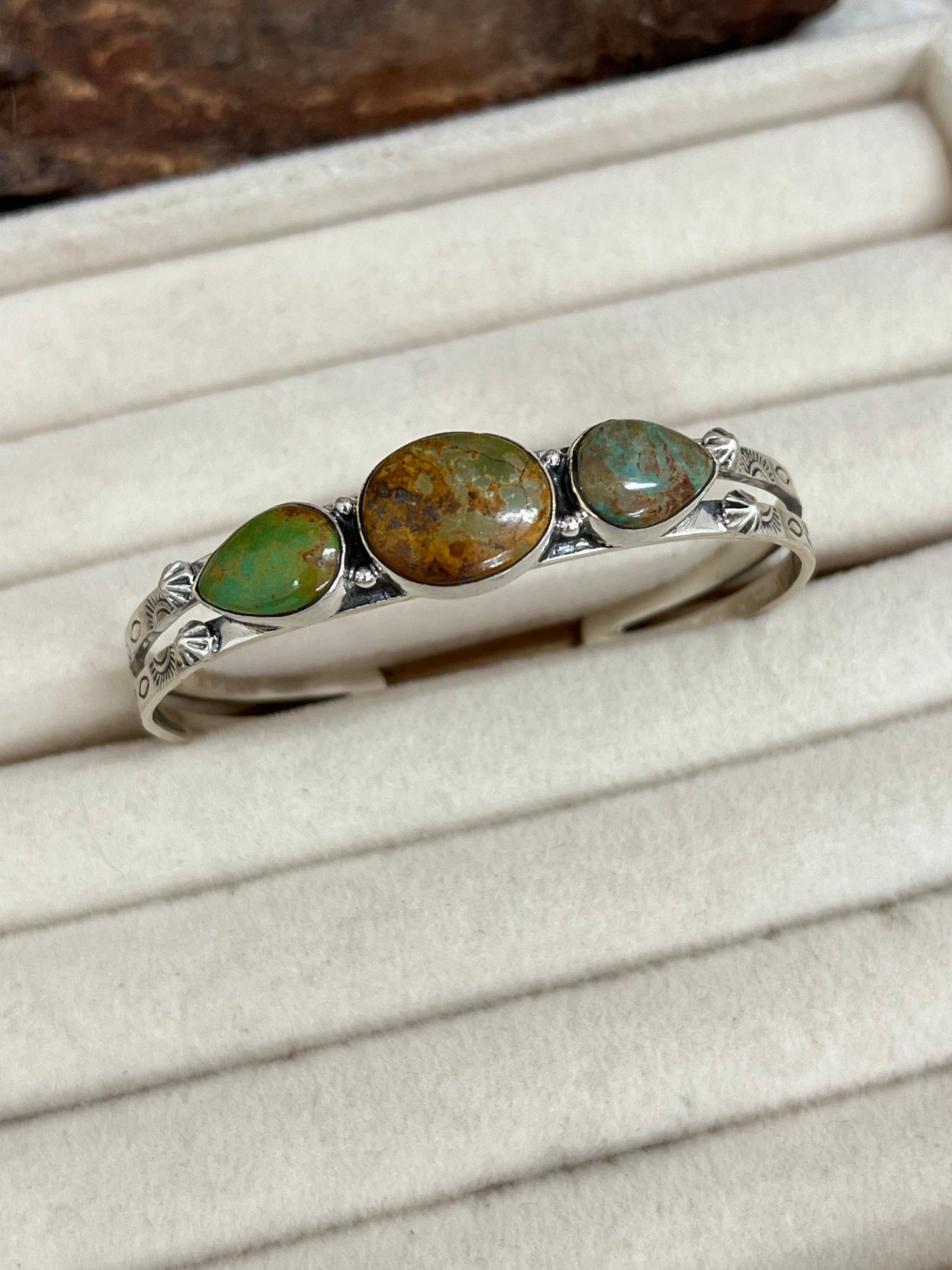 Handmade Sterling Silver Old Stock Royston Turquoise Bracelet with Signed Nizhoni