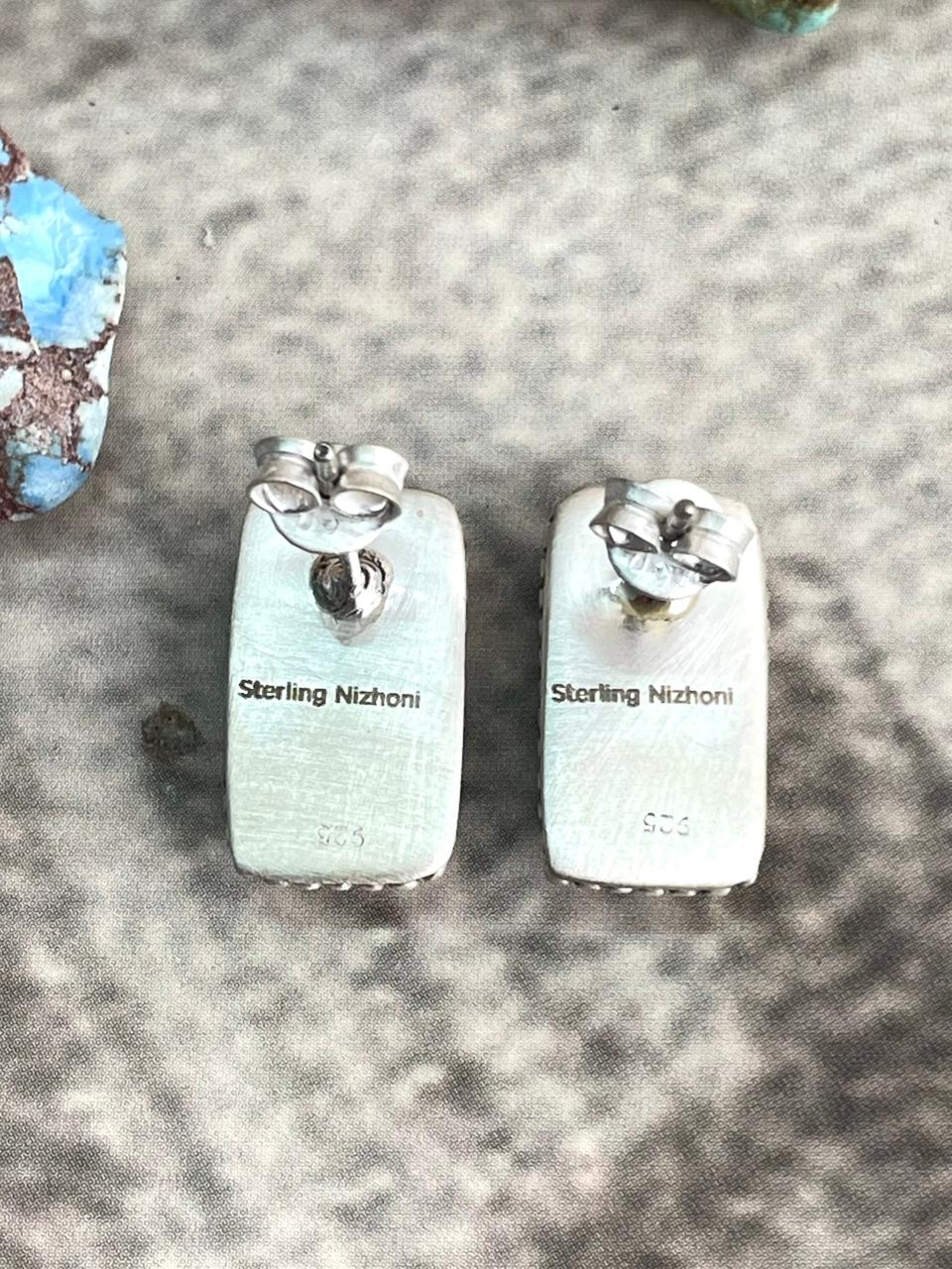 Handmade Sterling Silver Kingman Turquoise Post Studs with Signed Nizhoni