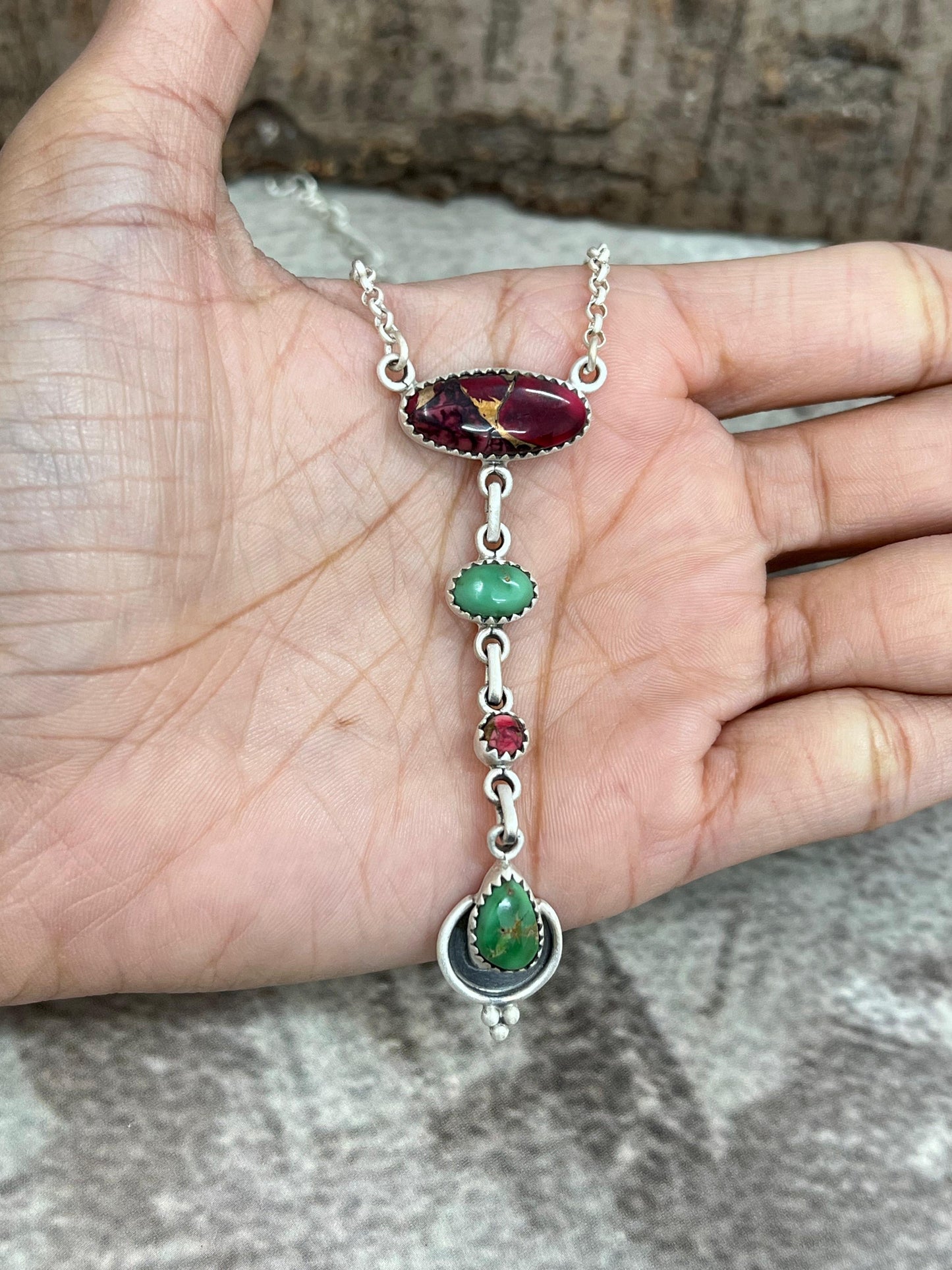 Handmade Sterling Silver Emerald Valley with Dahlia Rose Necklace with Signed Nizhoni