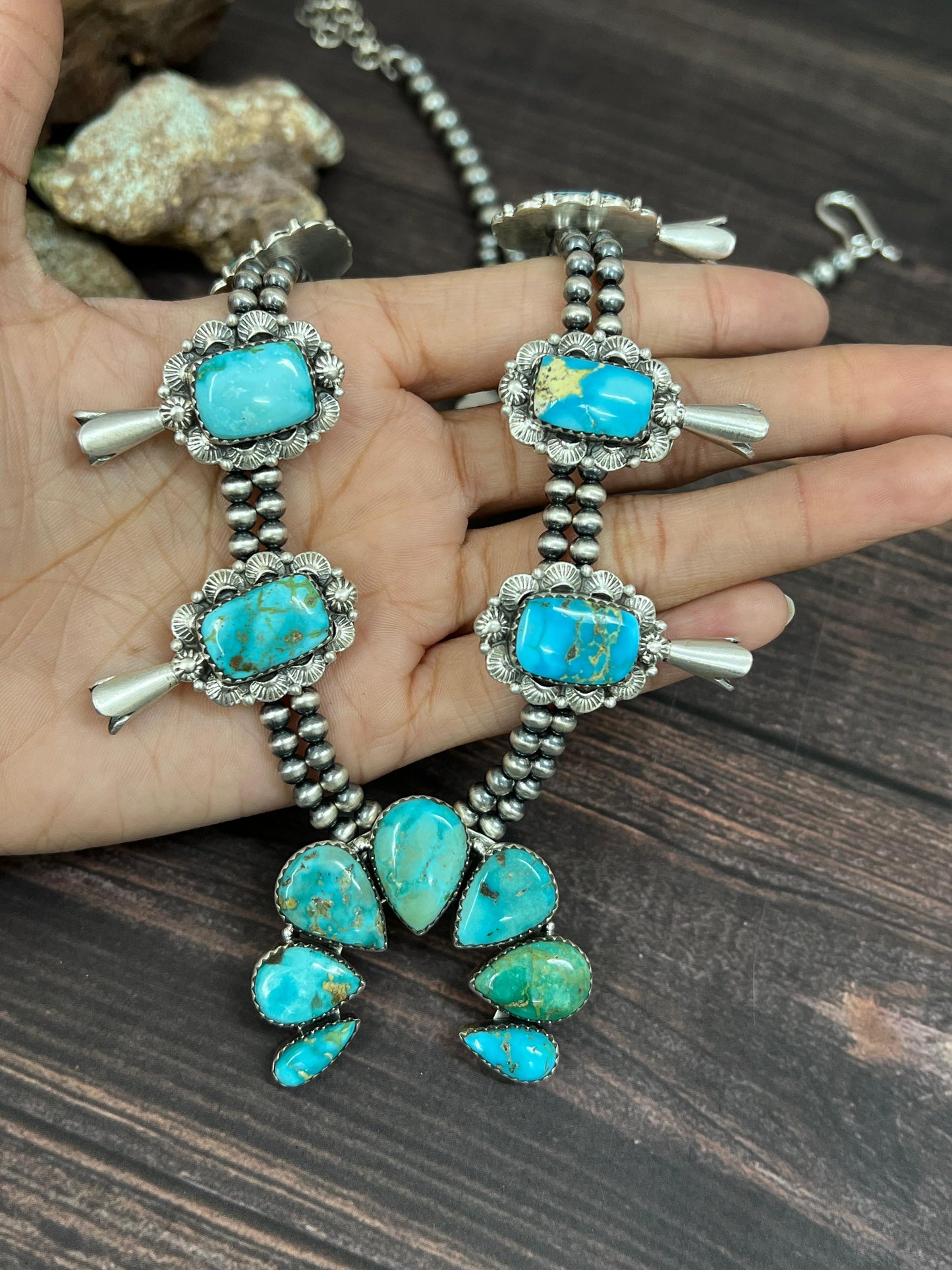 Handmade Sterling Silver South Hill Turquoise Beaded Necklace with Signed Nizhoni