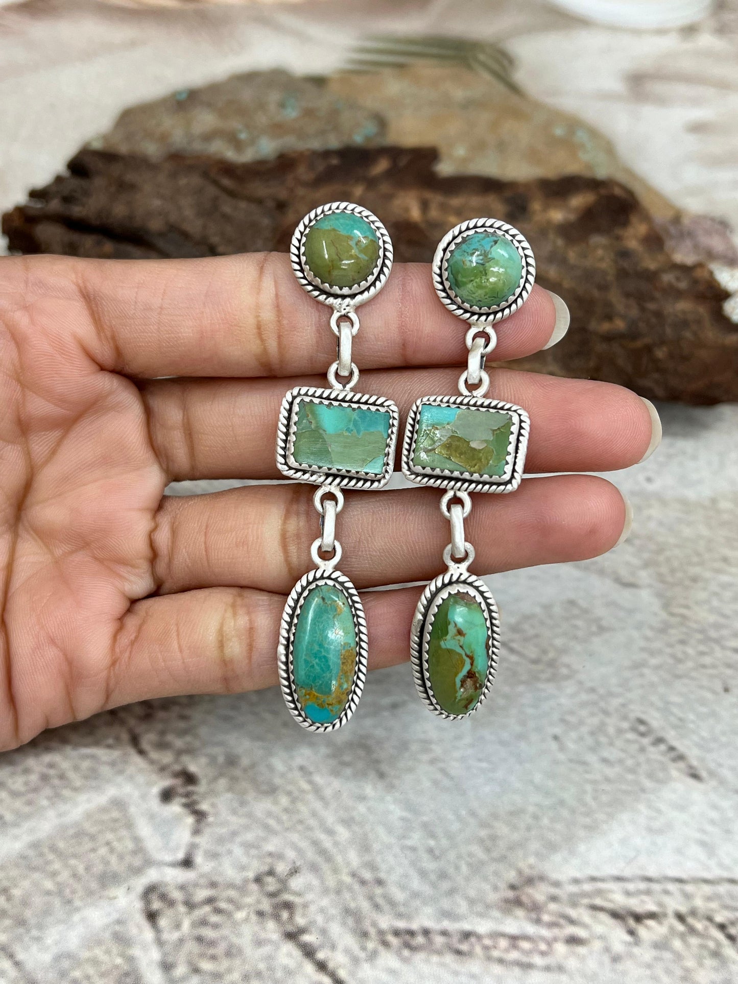 Handmade Sterling Silver Kingman Turquoise Post Dangle Earrings with Signed Nizhoni