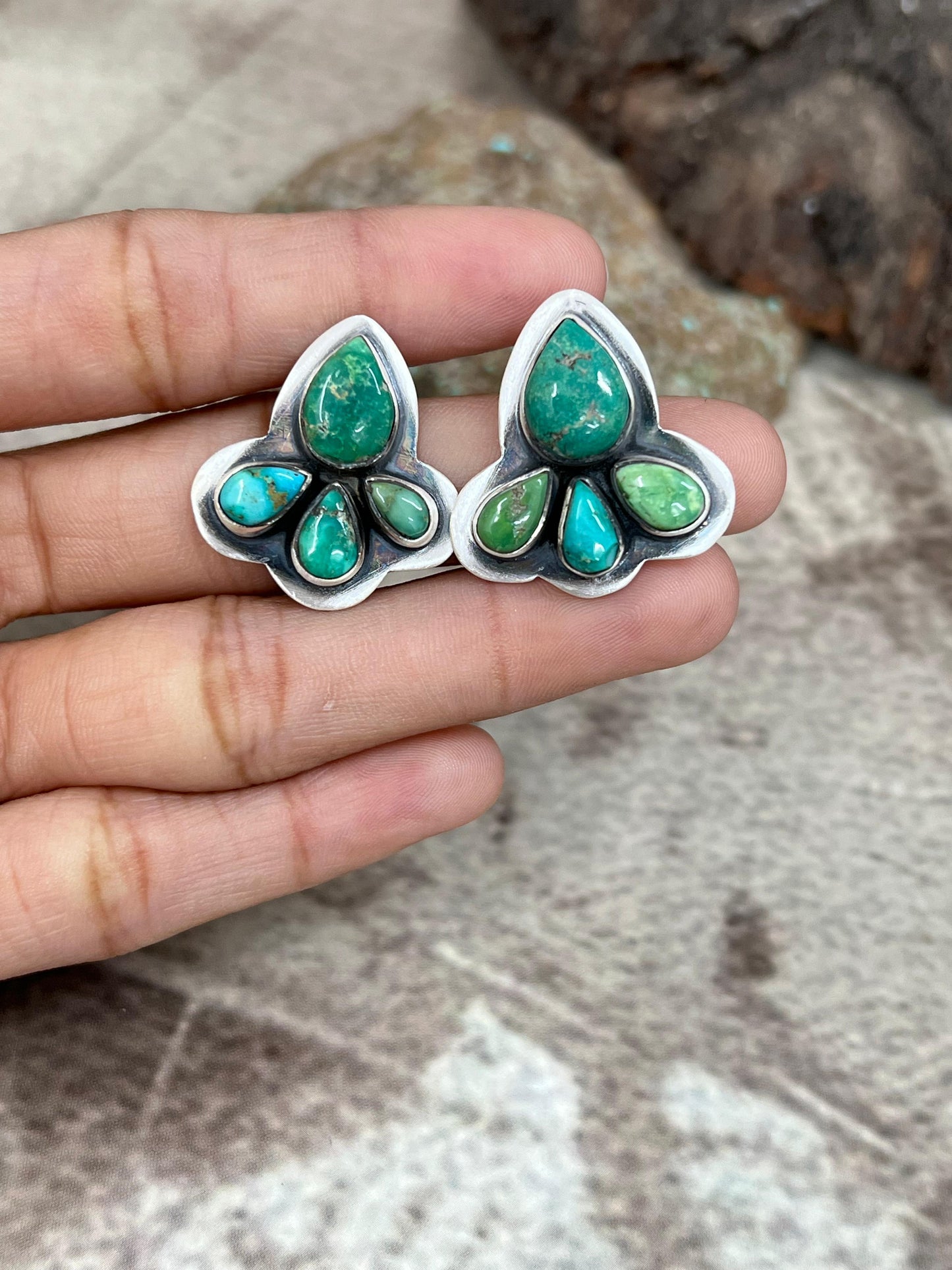 Handmade Sterling Silver South Hill Turquoise Studs with Signed Nizhoni