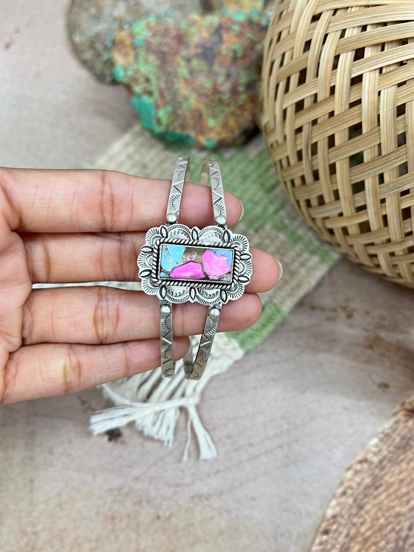Handmade Sterling Silver Cotton Candy Turquoise Cuff Bracelet with Signed Nizhoni