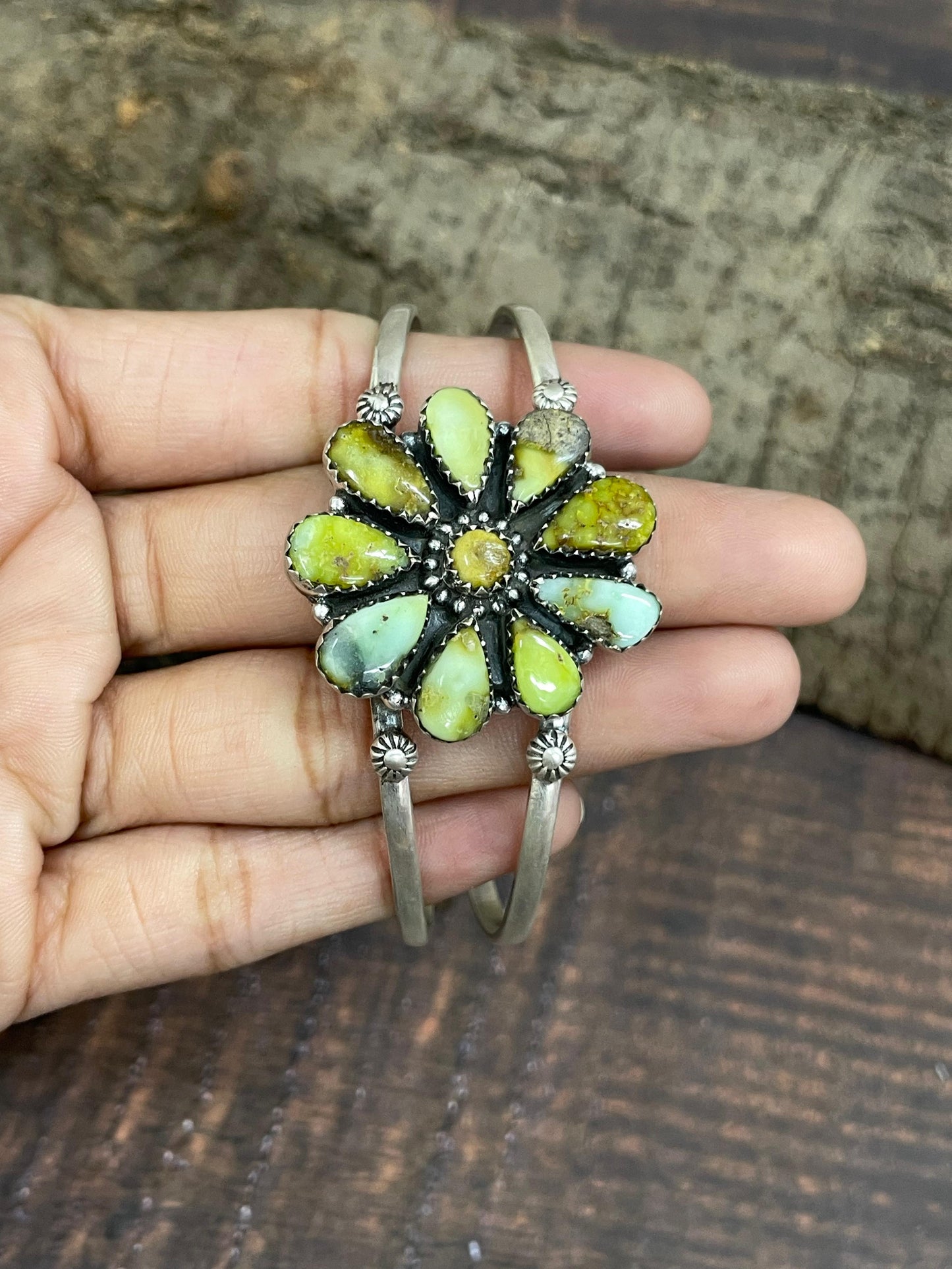 Handmade Sterling Silver Palomino Turquoise Bracelet with Signed Nizhoni