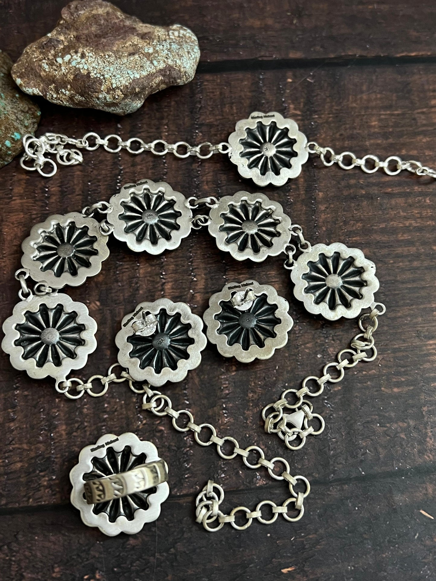 Handmade Sterling Silver Necklace Earrings Ring Bracelet Set, Signed Nizhoni