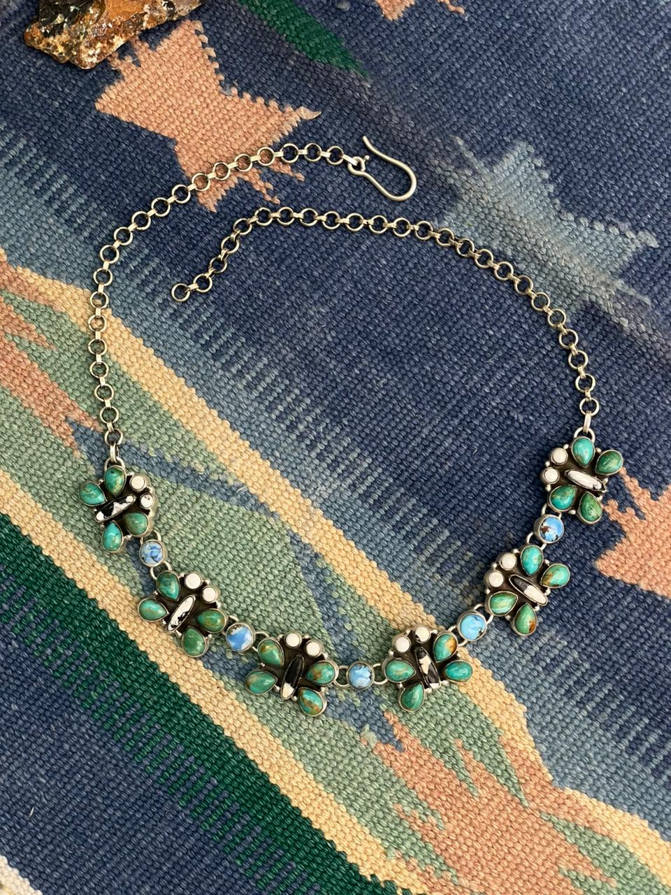 Handmade Sterling Silver White Buffalo with Kingman and Golden Hills Turquoise Necklace "Signed Nizhoni"