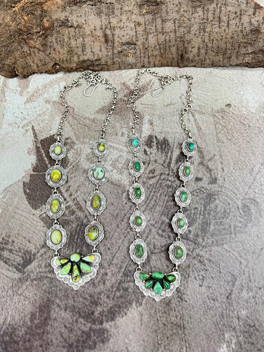 Handmade Sterling Silver Palomino, Sonoran Mountain Turquoise Necklace with Signed Nizhoni