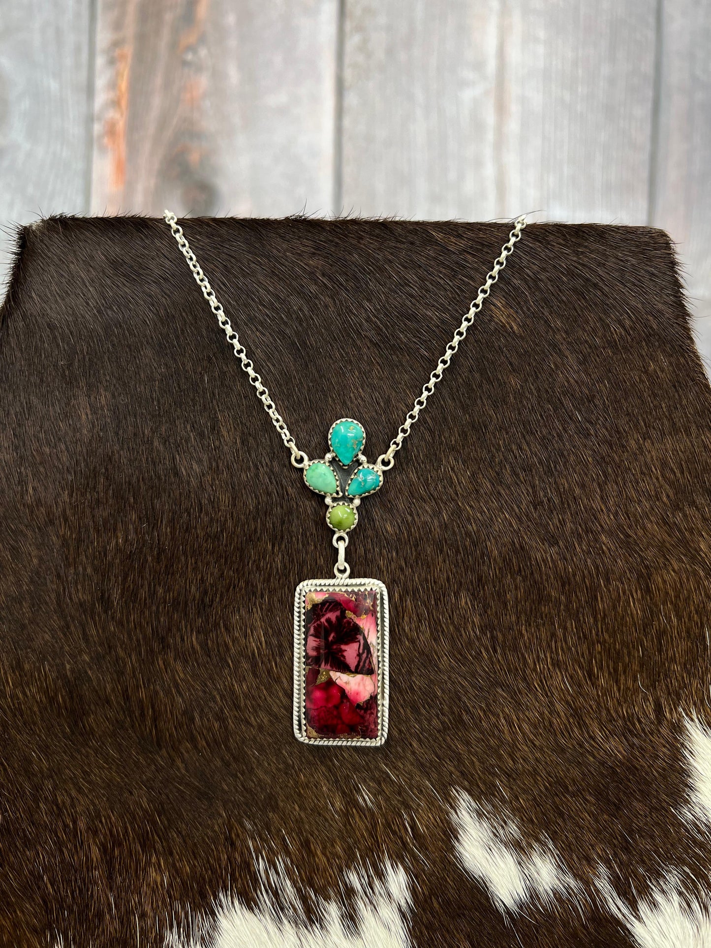 Handmade Sterling Silver Emerald Valley with Dahlia Rose Necklace with Signed Nizhoni