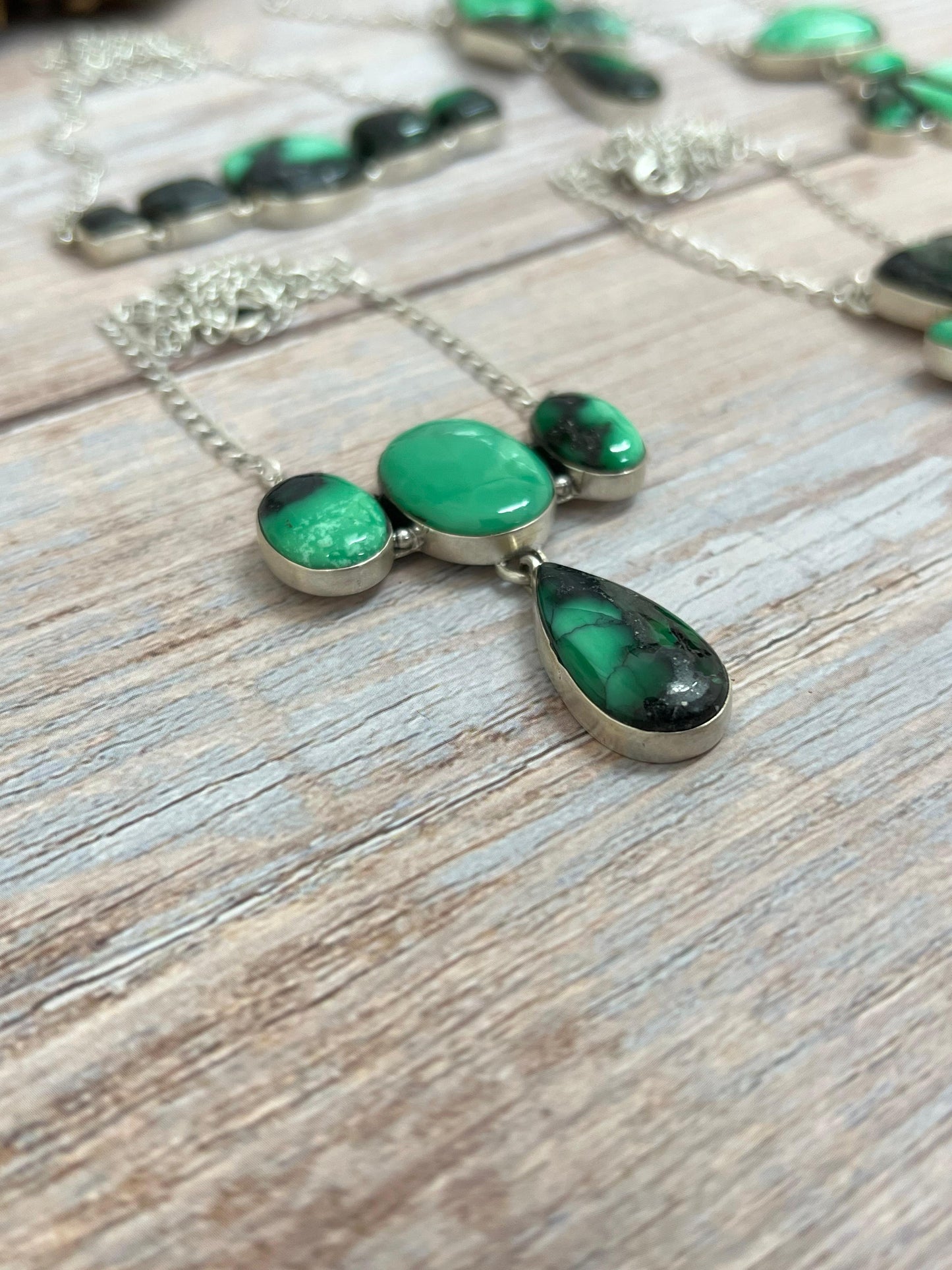 Handmade Sterling Silver Emerald Rose Necklace with Signed Nizhoni