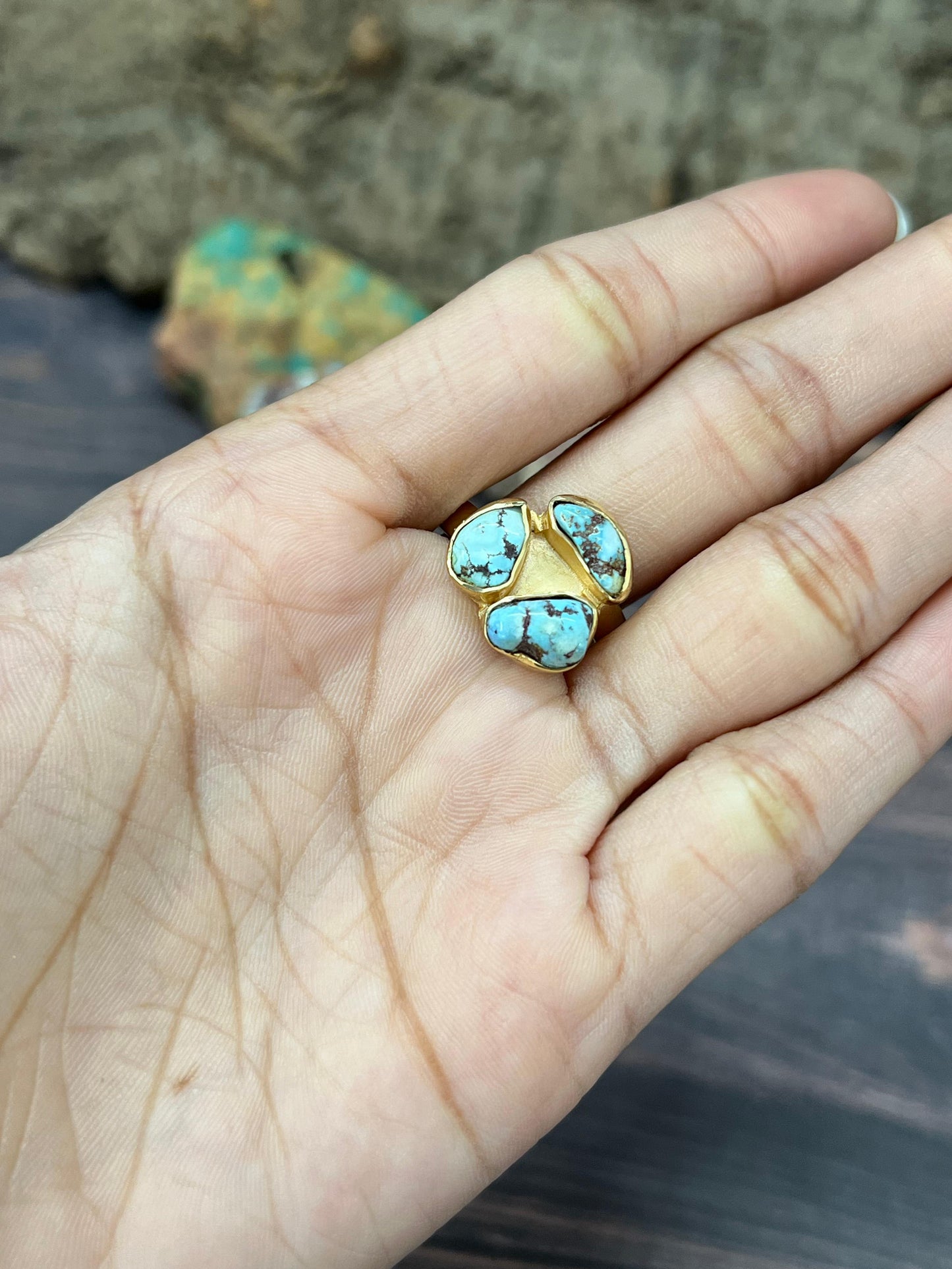 “The Golden Collection” Natural Golden Hills Turquoise 3 Stone Adjustable Ring