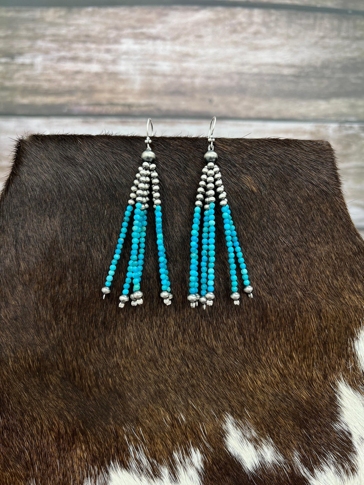 Handmade Sterling Silver Kingman Turquoise Beaded Hook Earrings with Signed Nizhoni