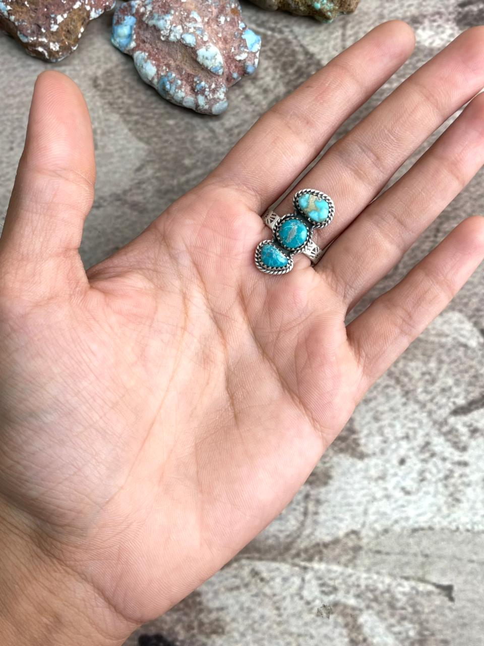 Handmade Sterling Silver White Water Turquoise Adjustable Ring with Signed Nizhoni