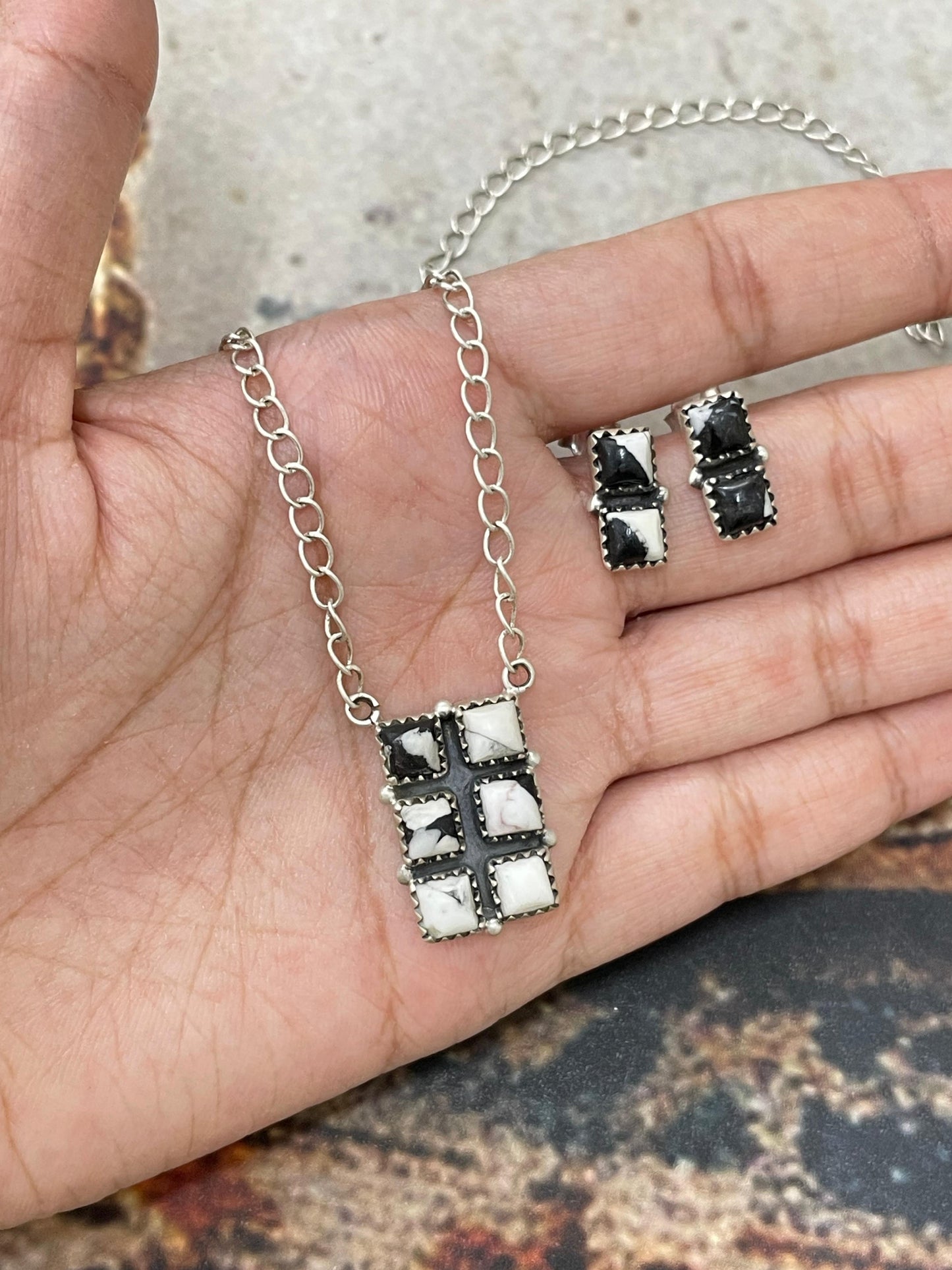 Handmade Sterling Silver White Buffalo Necklace Earrings Set with Signed Nizhoni
