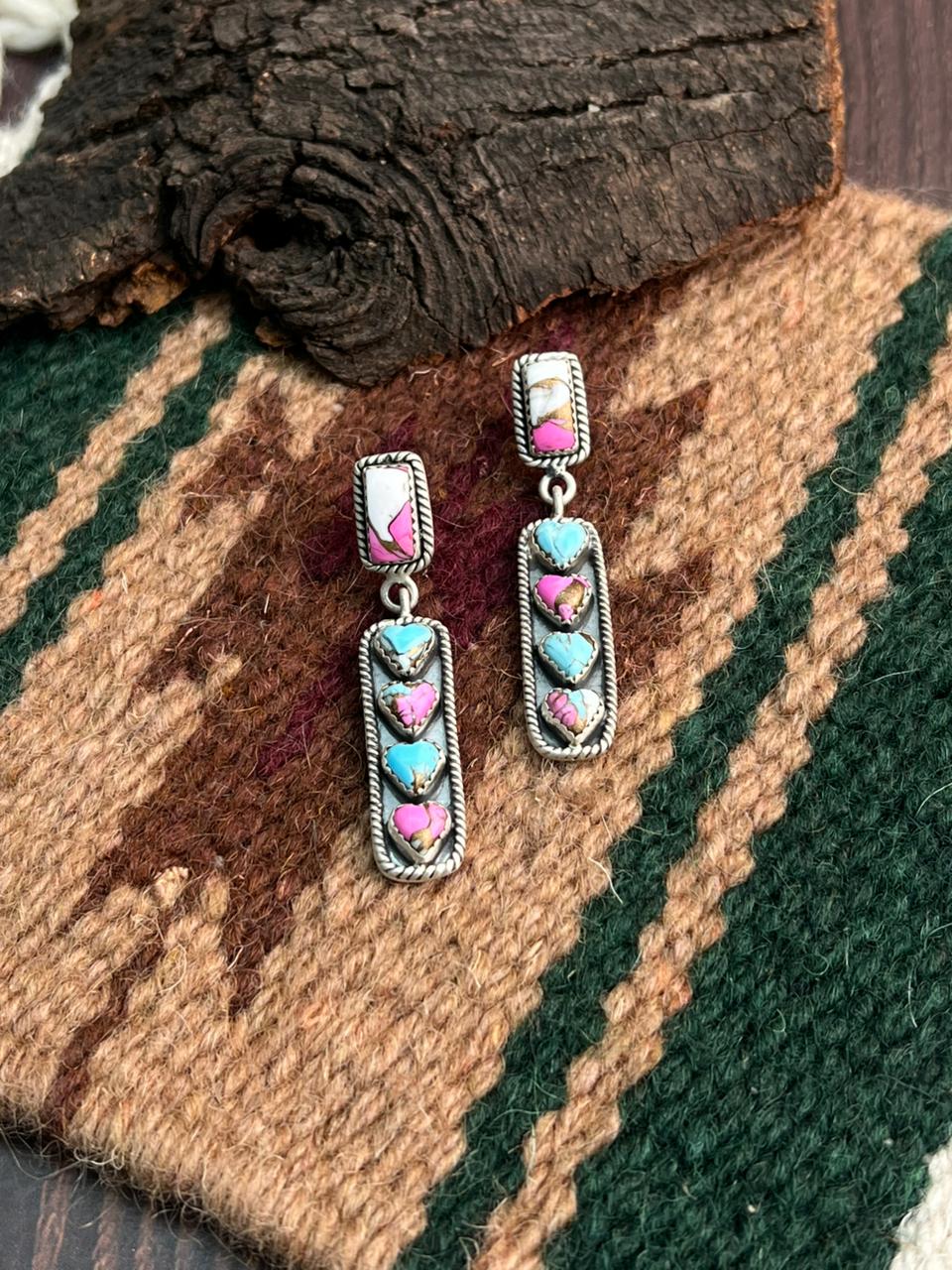 "Heart Collection" Handmade Sterling Silver Cotton Candy Post Dangle Earrings "Signed Nizhoni"