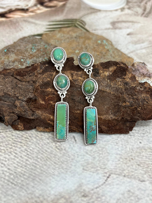 Handmade Sterling Silver Kingman Turquoise Post Dangle Earrings with Signed Nizhoni