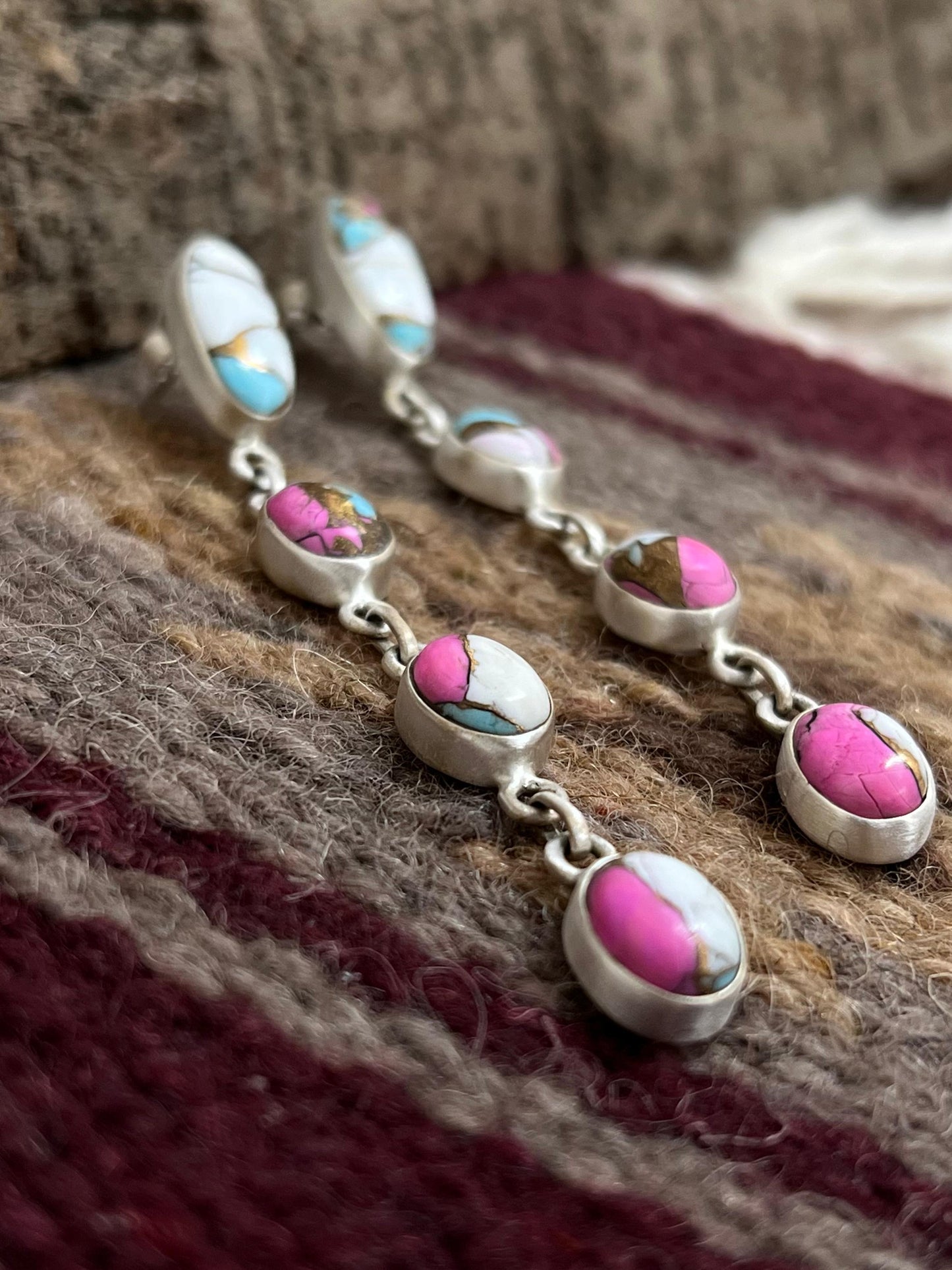 Handmade Sterling Silver Cotton Candy Turquoise Post Dangle Earrings with Signed Nizhoni