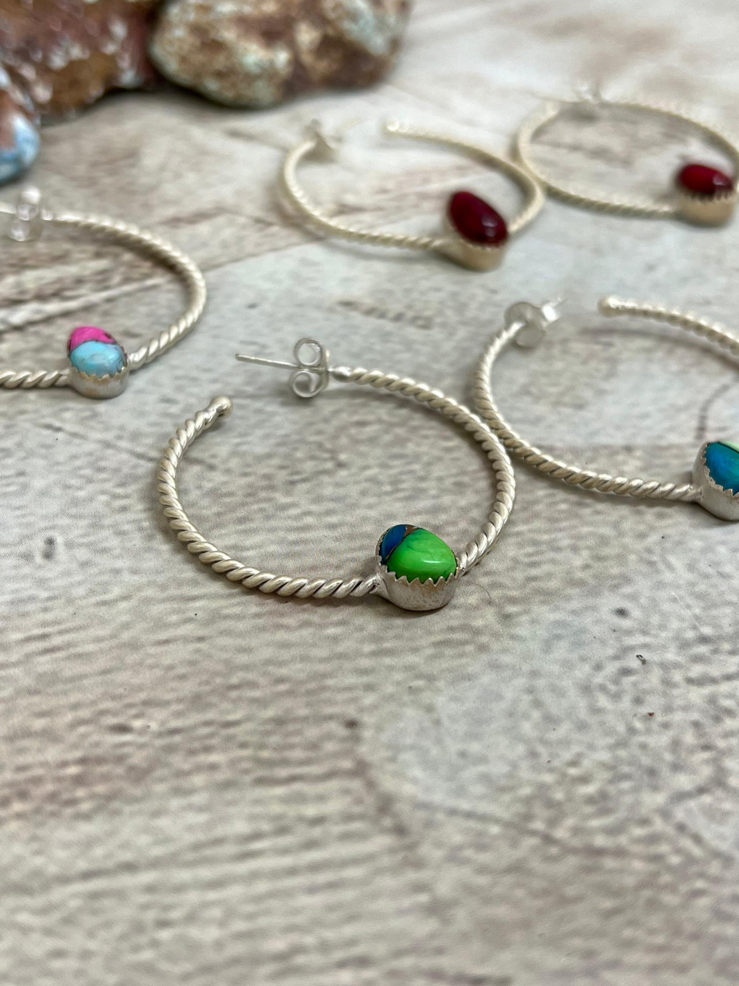 Handmade Sterling Silver Peacock Dahlia, Cotton Candy, Dahlia Rose Hoop Earrings, Signed Nizhoni