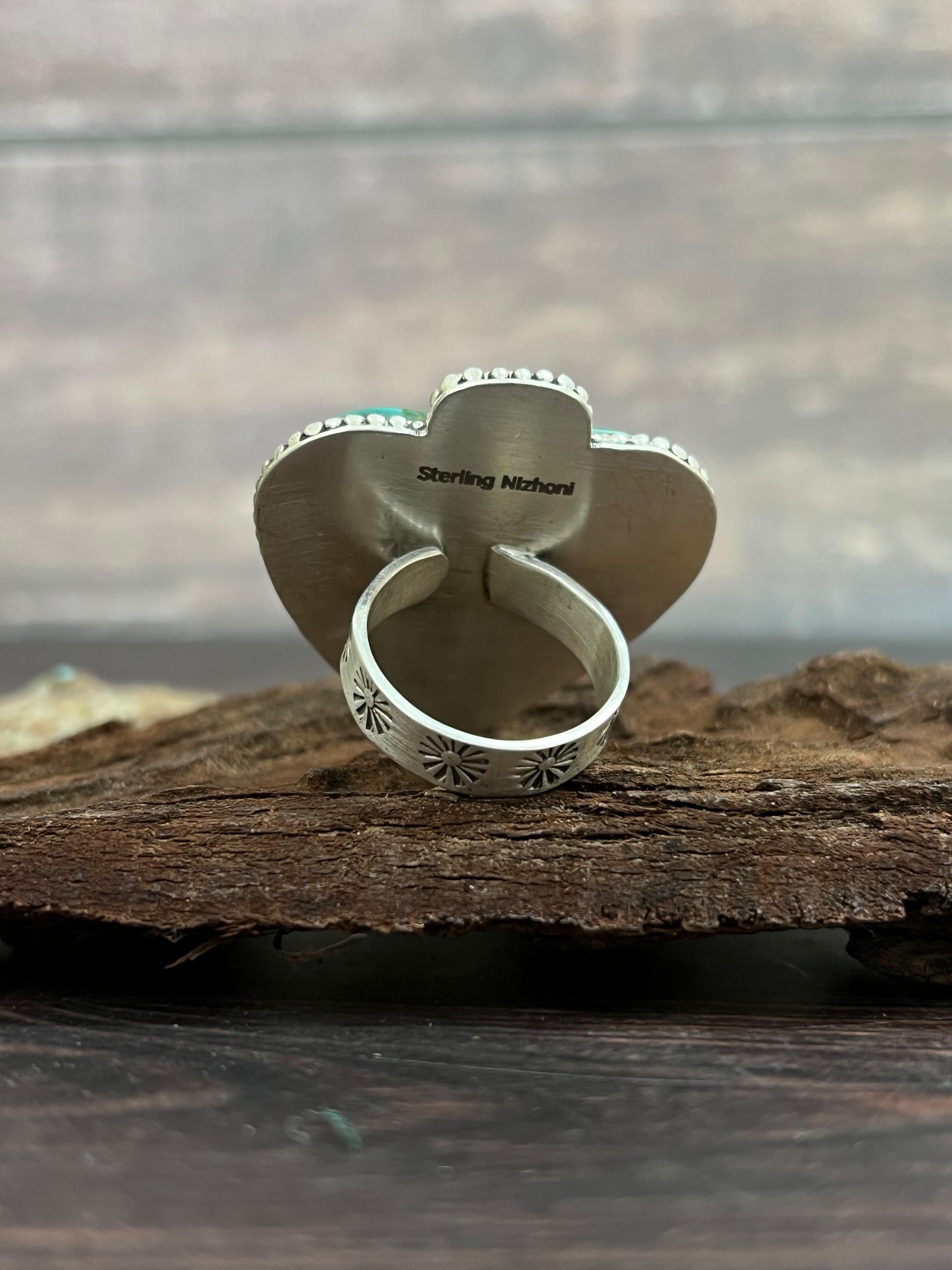 Handmade Sterling Silver Kingman Turquoise Adjustable Ring with Signed Nizhoni