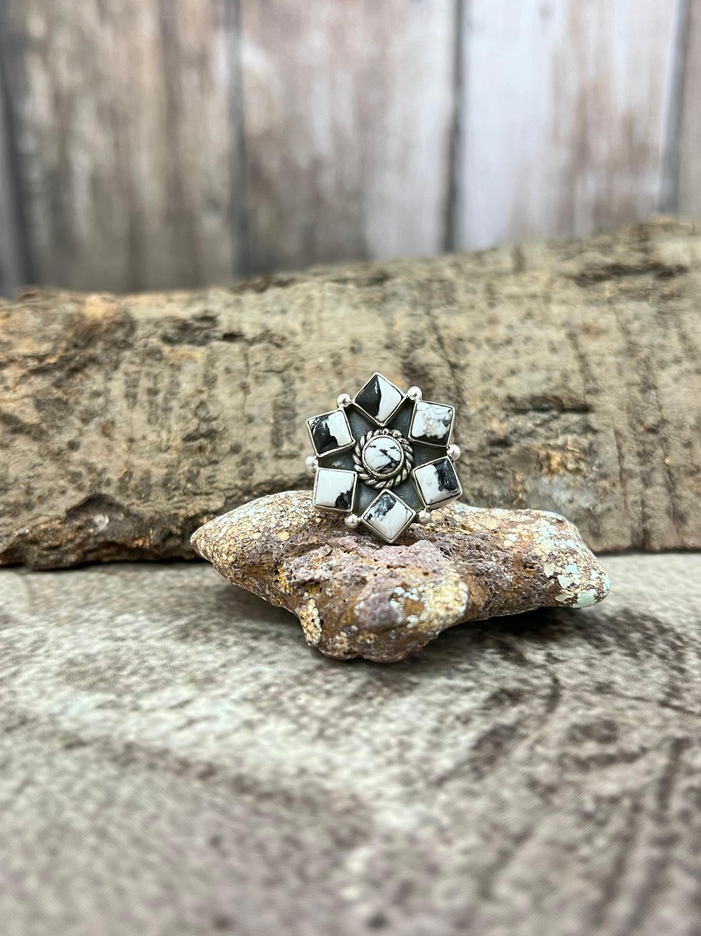 Handmade Sterling Silver White Buffalo Turquoise Adjustable Ring with Signed Nizhoni
