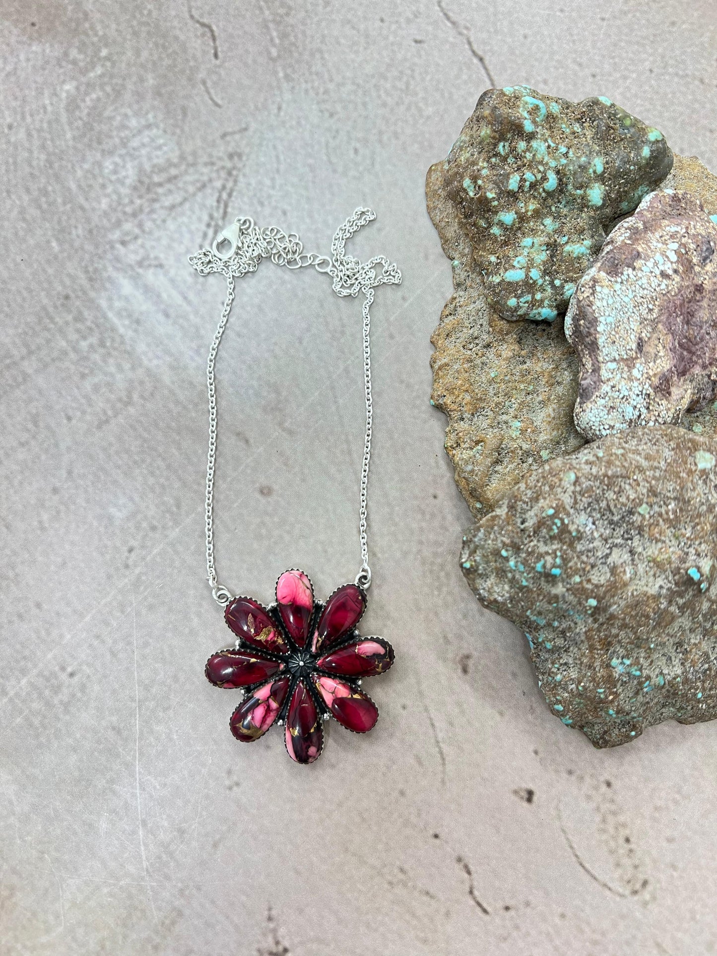 Handmade Sterling Silver Dahlia Rose Flower Necklace with Signed Nizhoni