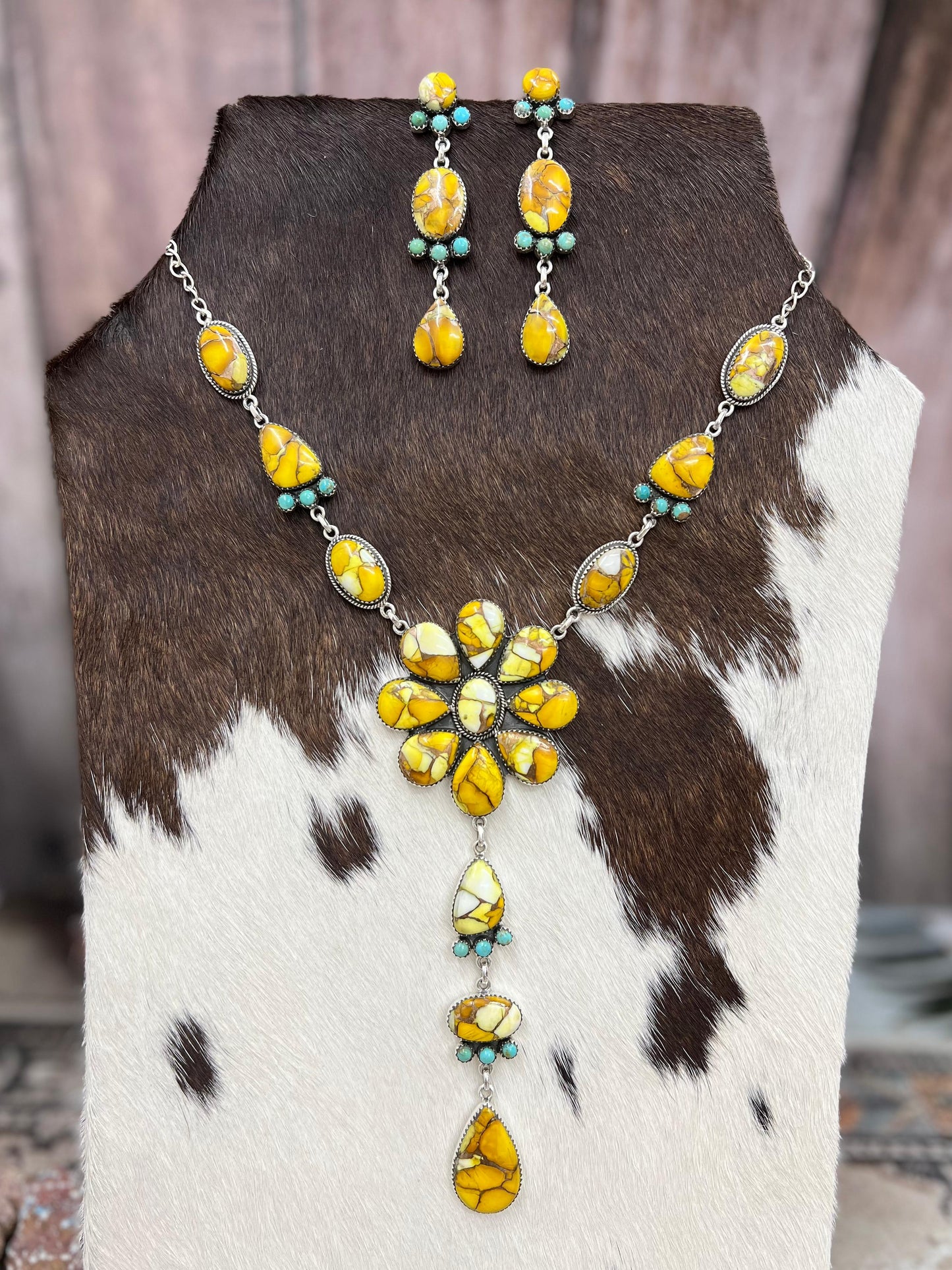 Handmade Sterling Silver Honey Dahlia with Kingman Turquoise Necklace Earrings Set, Signed Nizhoni
