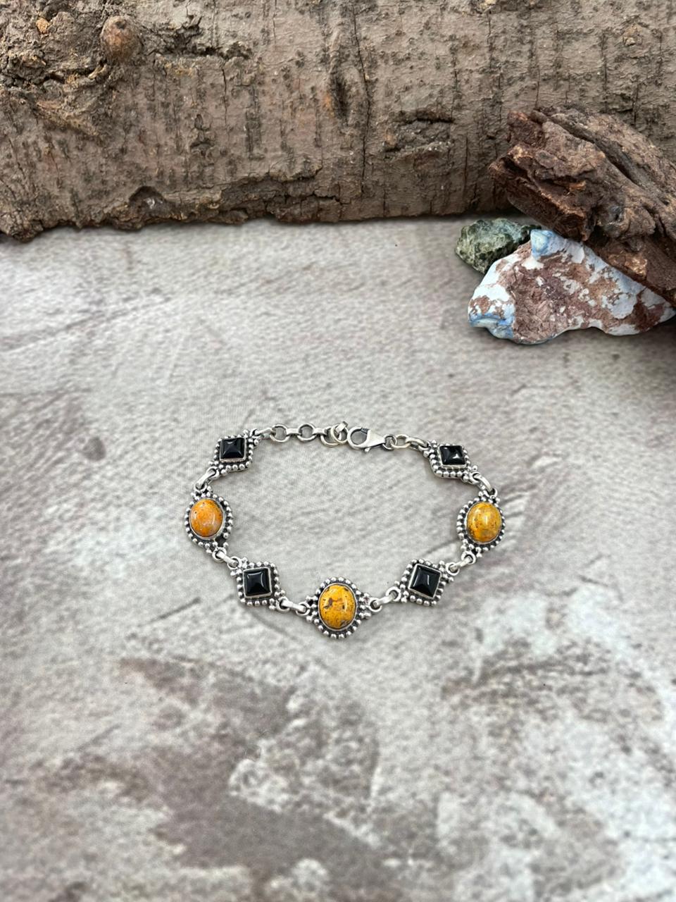 Halloween Collection" Handmade Sterling Silver Black Onyx, Bumblebee Chain Bracelet with Signed Nizhoni