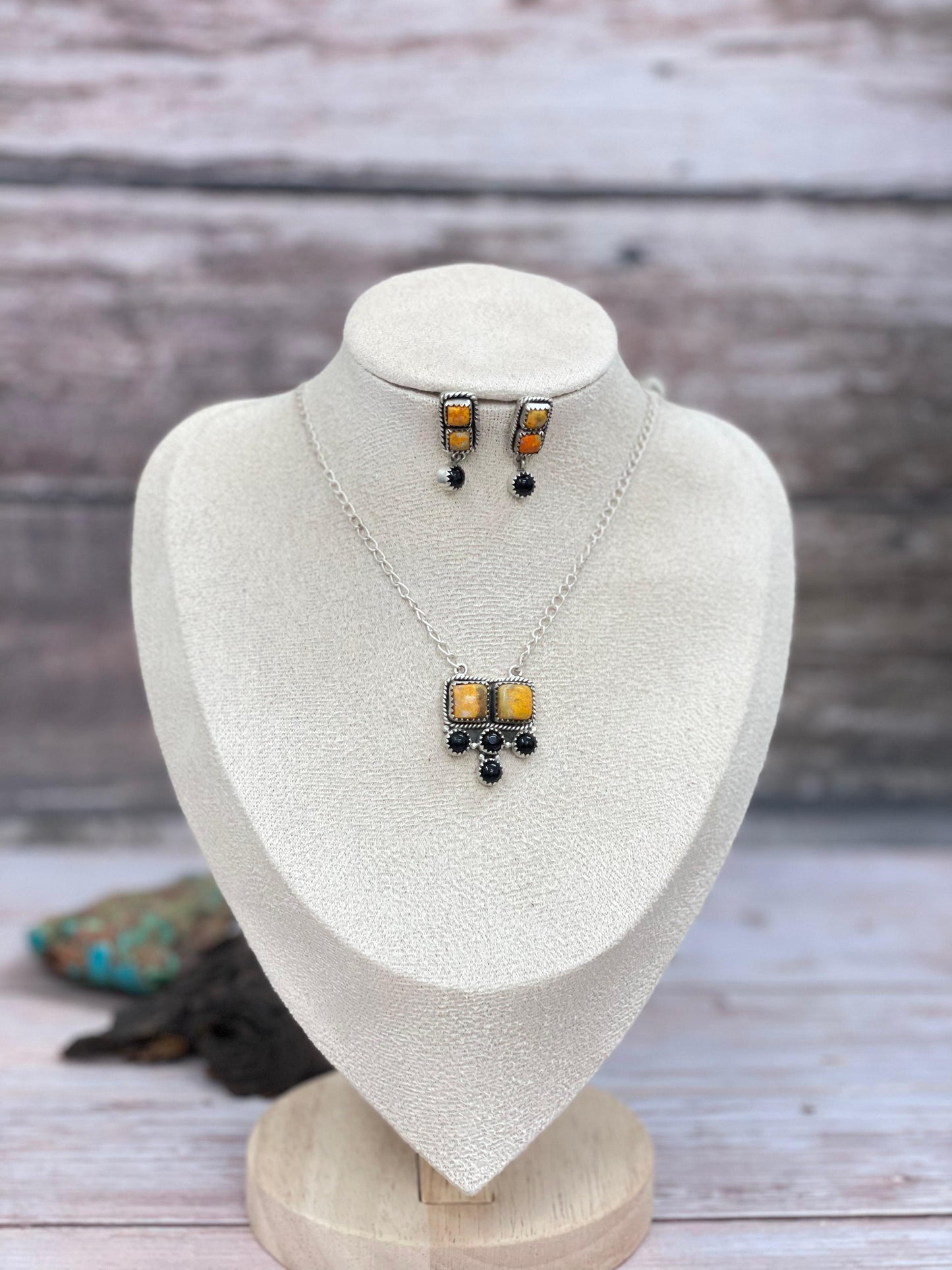 "Halloween Collection" Handmade Sterling Silver Black Onyx, Bumblebee Necklace with Signed Nizhoni