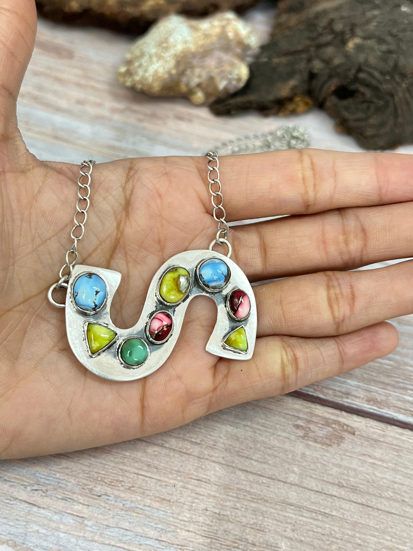 Handmade Sterling Silver Mix Multi Stone (S) Letter Necklace with Signed Nizhoni