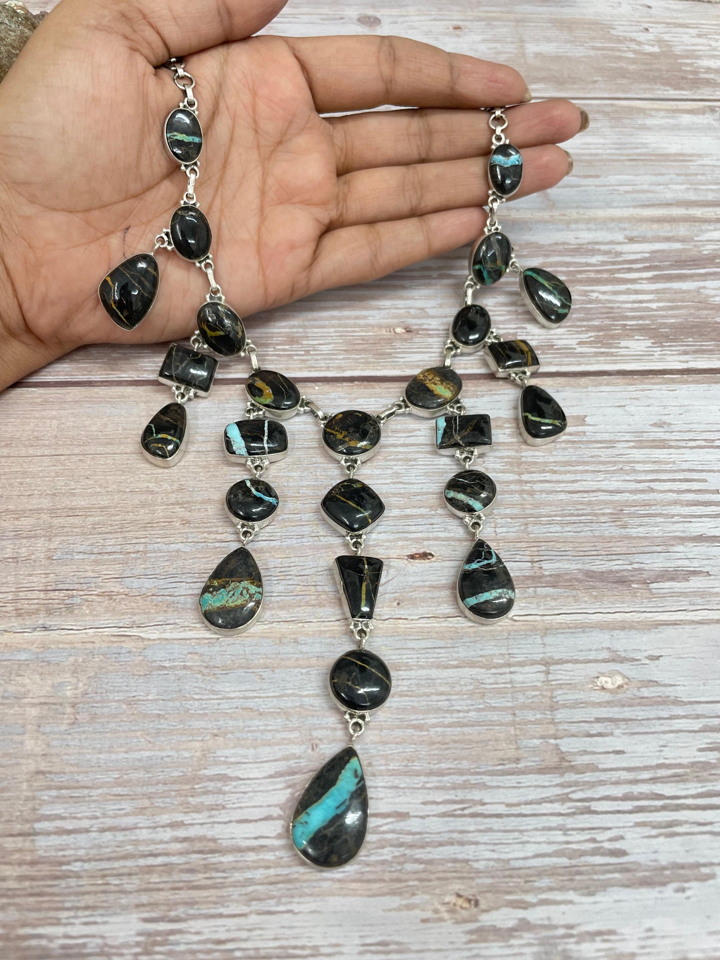 Handmade Sterling Silver Blackjack Turquoise Necklace Signed Nizhoni