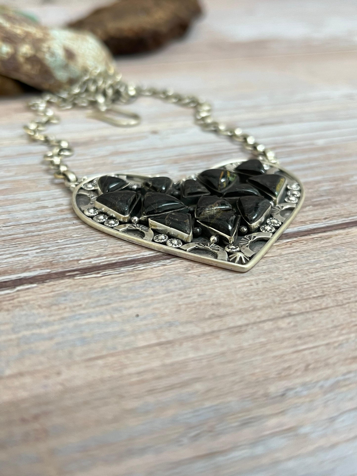 Handmade Sterling Silver Blackjack Turquoise Heart Necklace with Signed Nizhoni