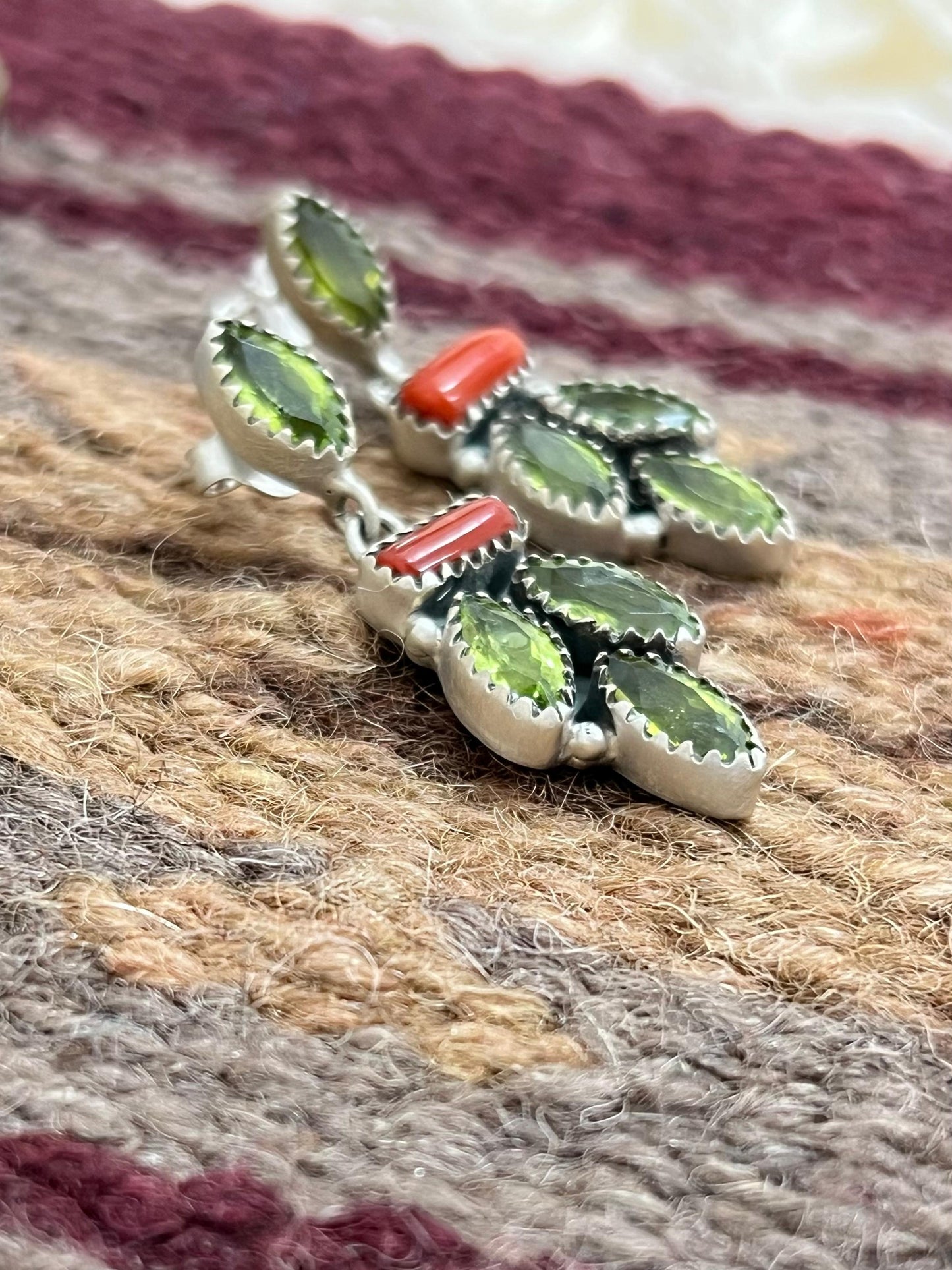 Christmas Collection Handmade Sterling Silver Coral with Peridot Post Dangle, Signed Nizhoni