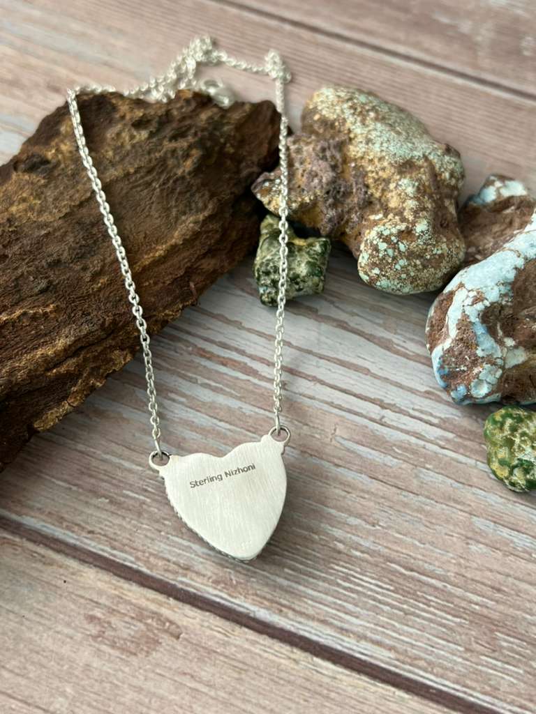 Handmade Sterling Silver Blackjack Turquoise Heart Necklace with Signed Nizhoni (4)