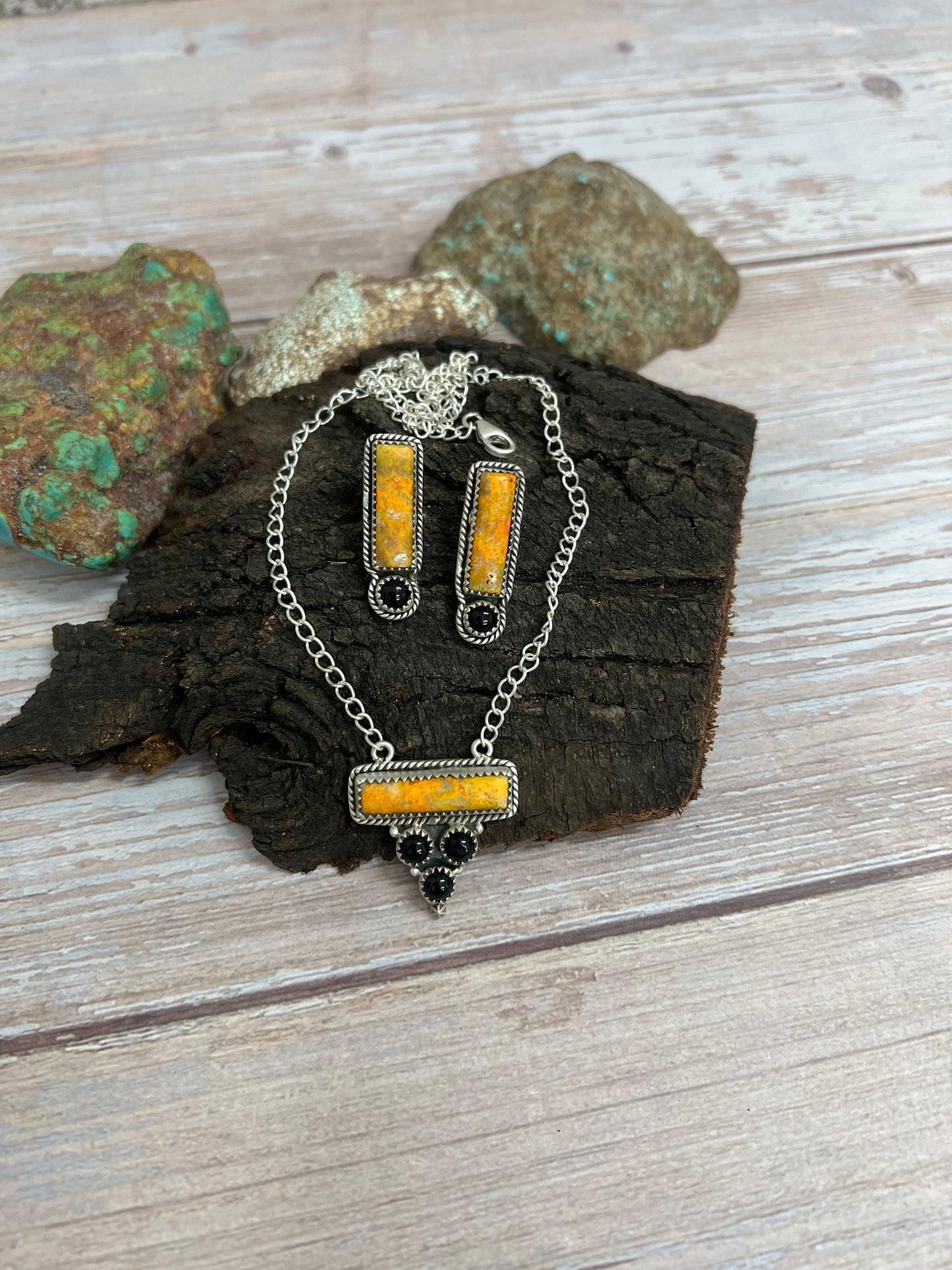 "Halloween Collection" Handmade Sterling Silver Black Onyx, Bumblebee Necklace with Signed Nizhoni