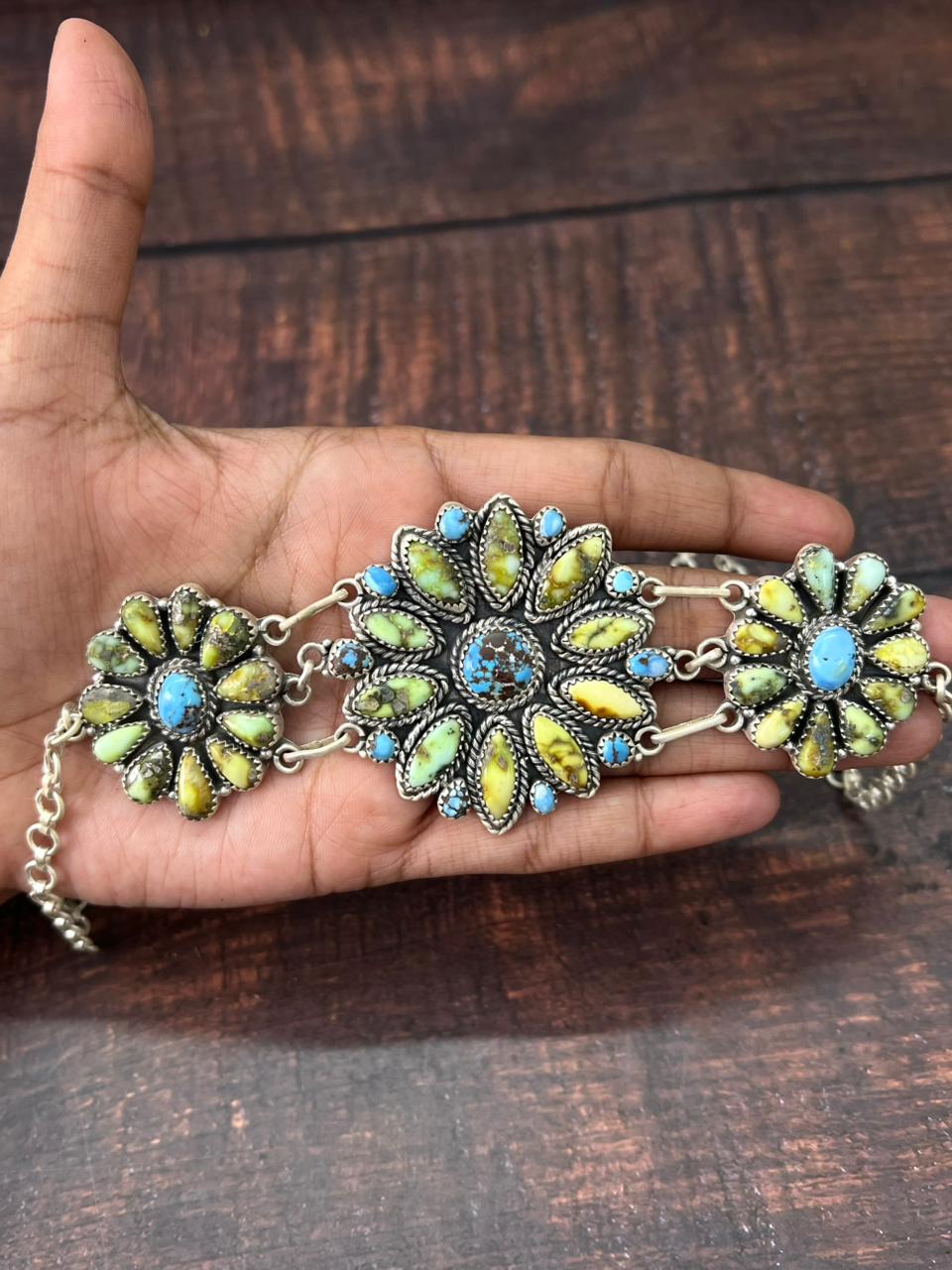 Handmade Sterling Silver Palomino with Golden Hills Turquoise Choker Necklace "Signed Nizhoni"