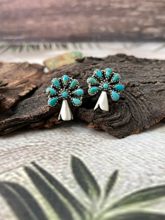 Handmade Sterling Silver Kingman Turquoise Blossom Studs Earrings "Signed Nizhoni"