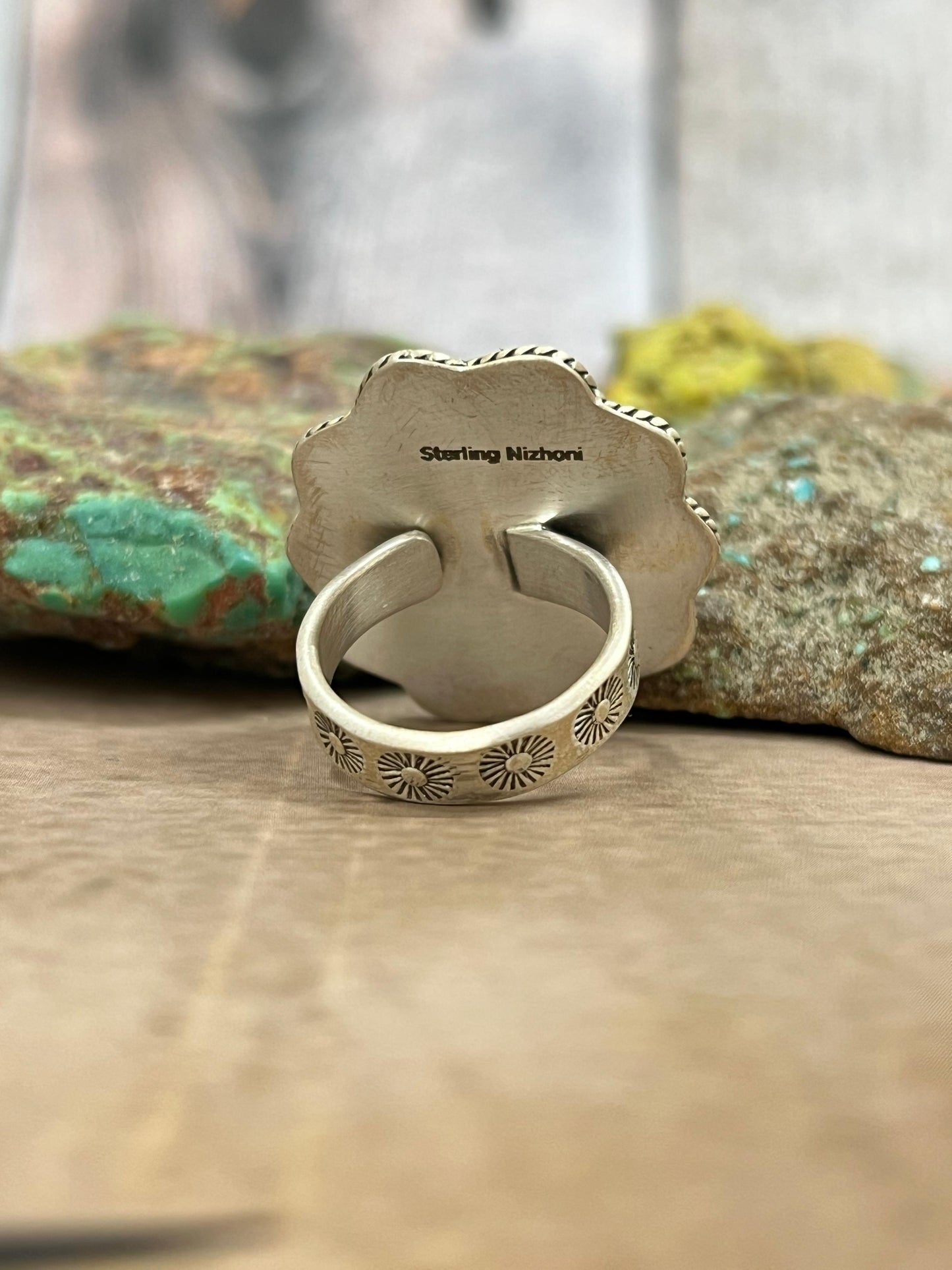 Handmade Sterling Silver Cotton Candy Turquoise Adjustable Ring with Signed Nizhoni