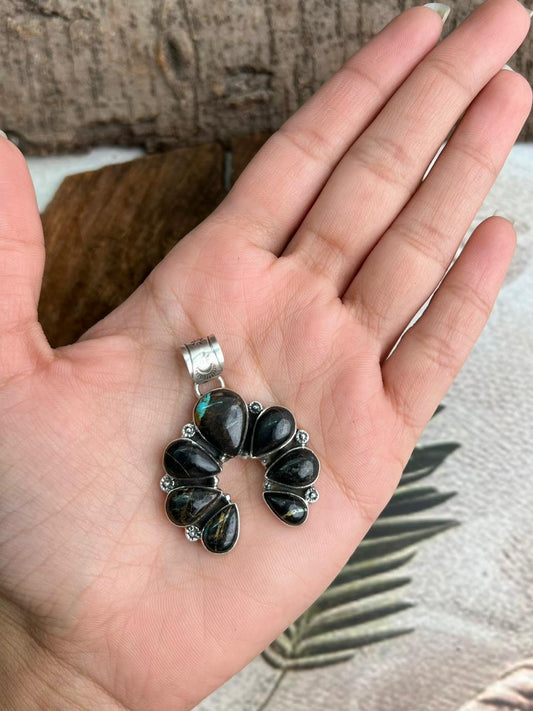 Handmade Sterling Silver Blackjack Turquoise Naja Pendant "Signed Nizhoni"