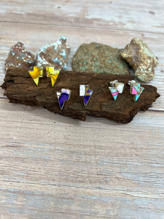 Handmade Sterling Silver Multi Stone Lightning Bolt Studs with Signed Nizhoni
